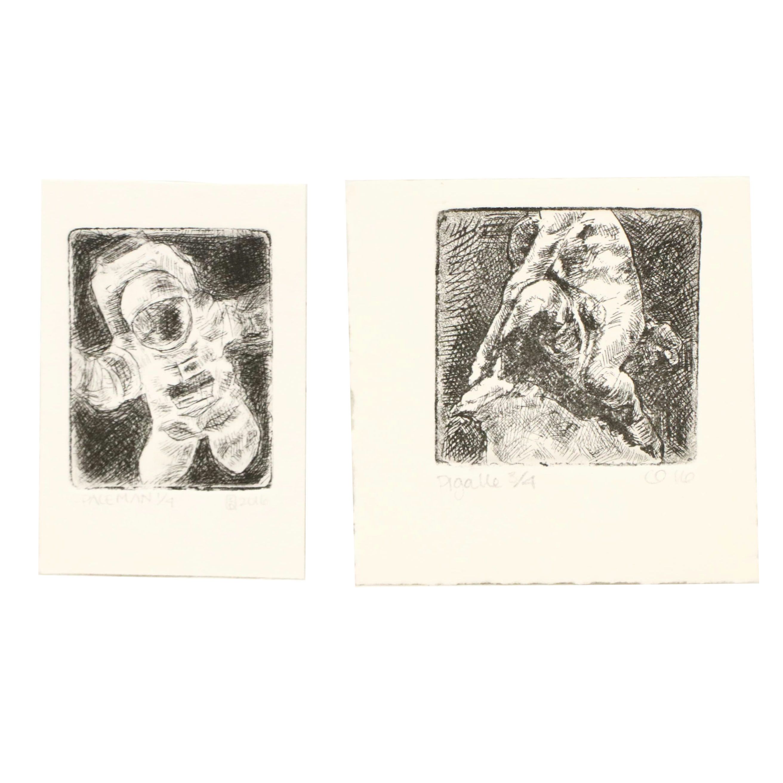 Clare Dunn Etchings "Spaceman" and "Pigalle," 2016