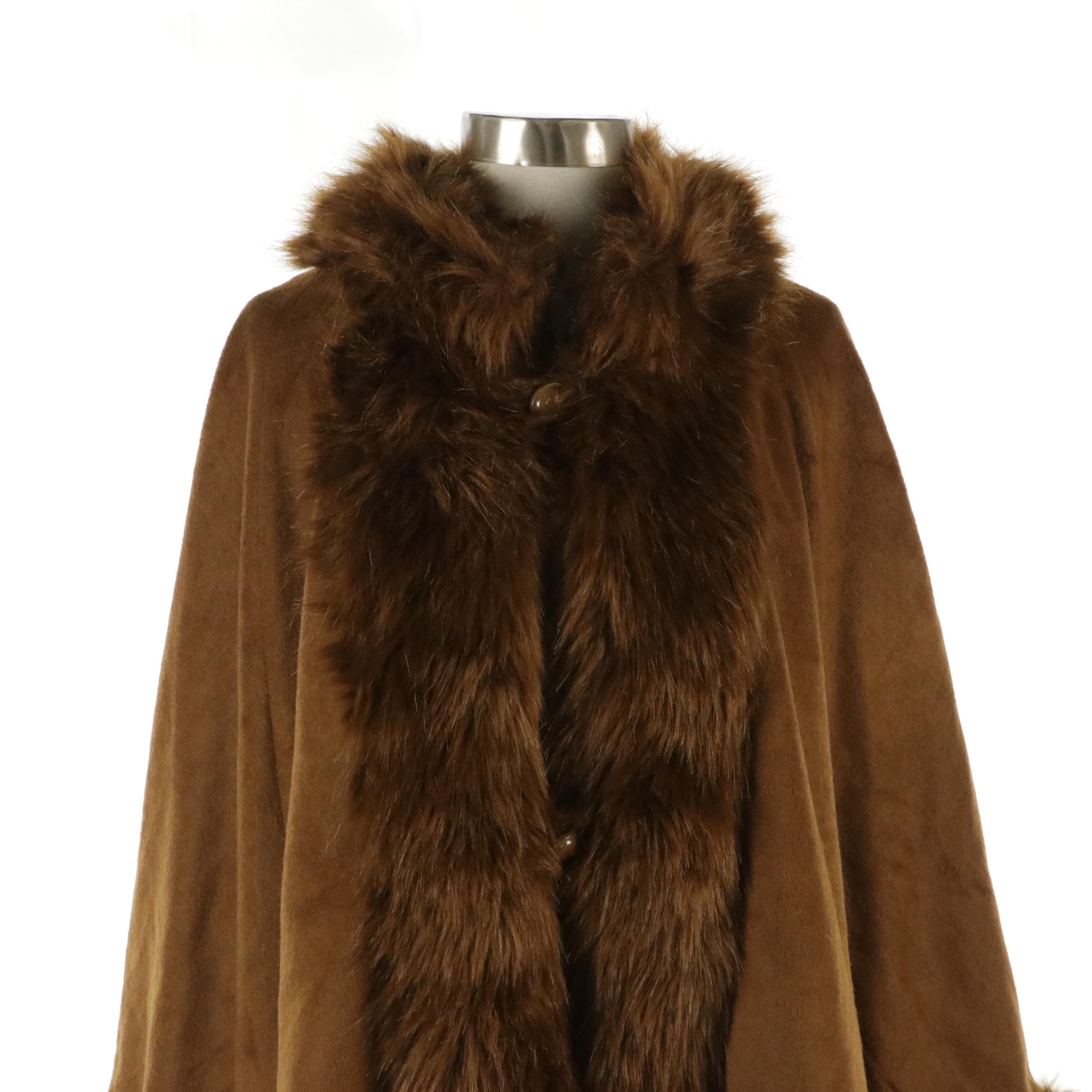 Jessica London Caramel Brown Cashmere Blend Cape Coat with Faux Fur Trim