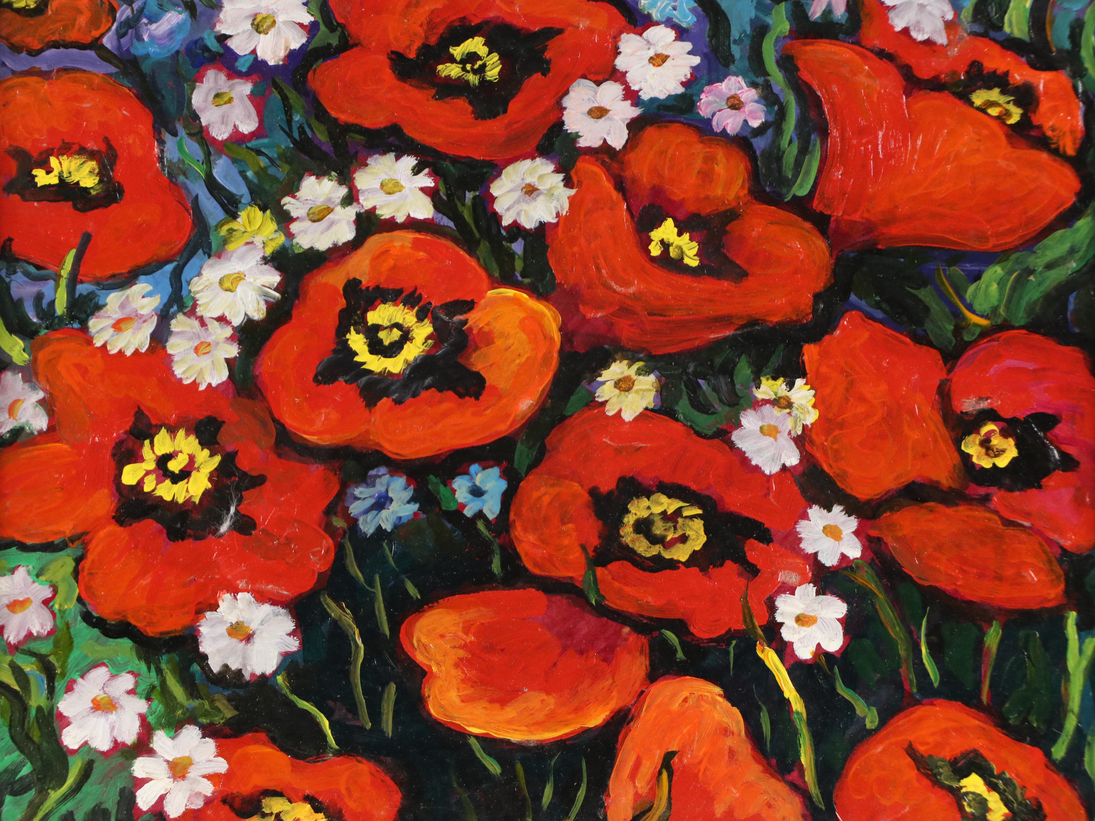 Vadim Maltsev Russian Folk Art Oil Painting "Poppies," Late 20th Century