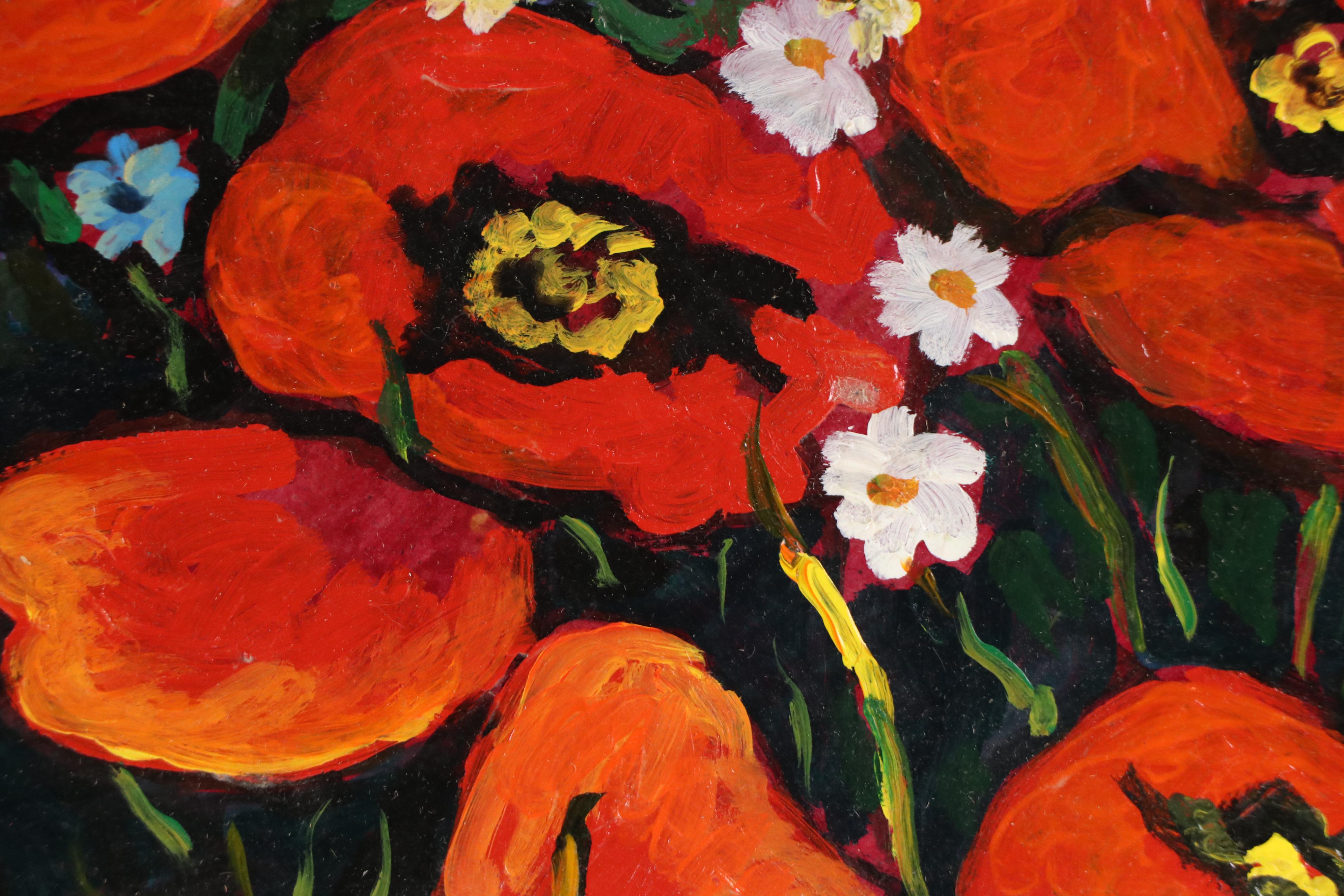 Vadim Maltsev Russian Folk Art Oil Painting "Poppies," Late 20th Century