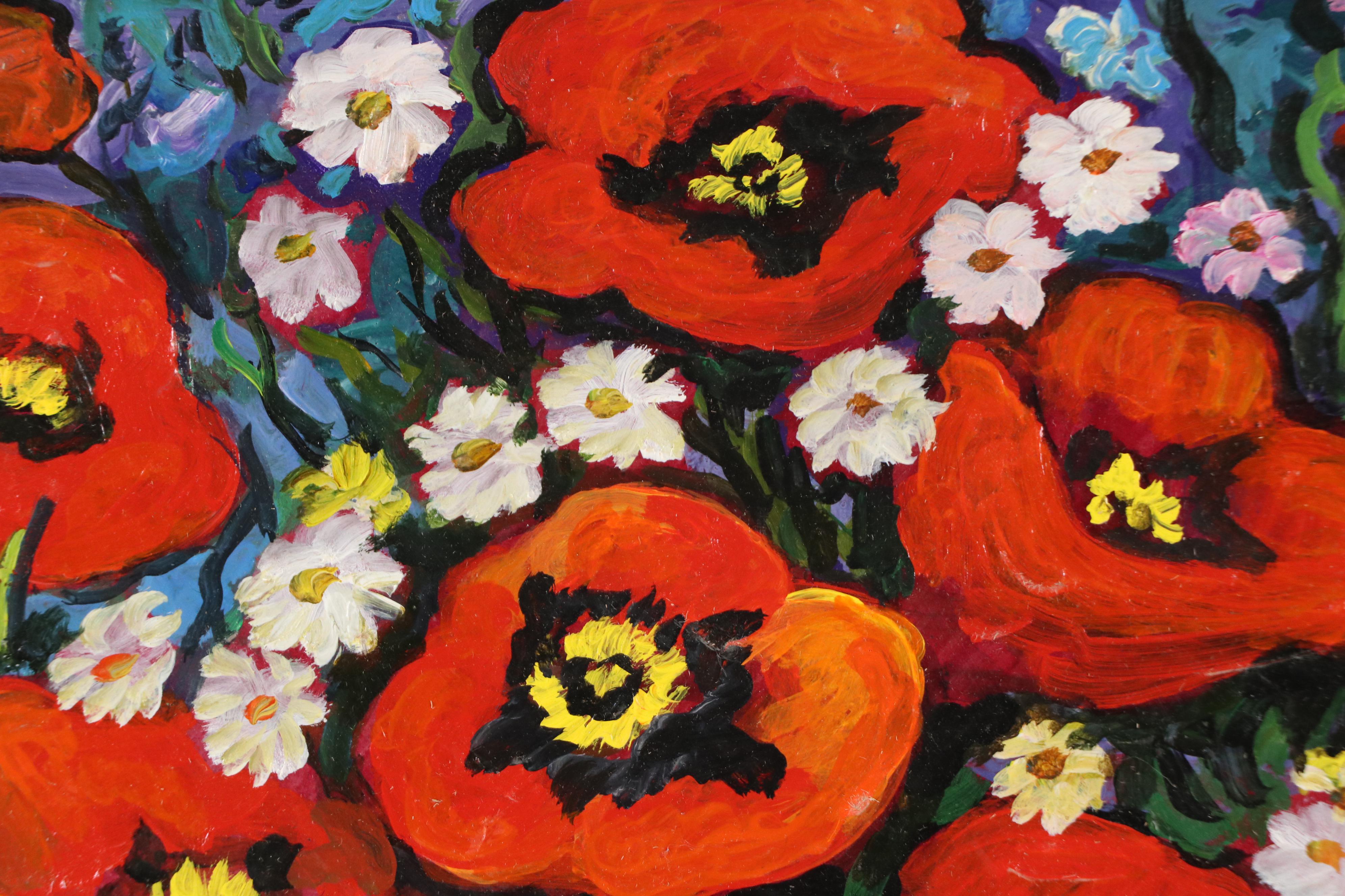 Vadim Maltsev Russian Folk Art Oil Painting "Poppies," Late 20th Century