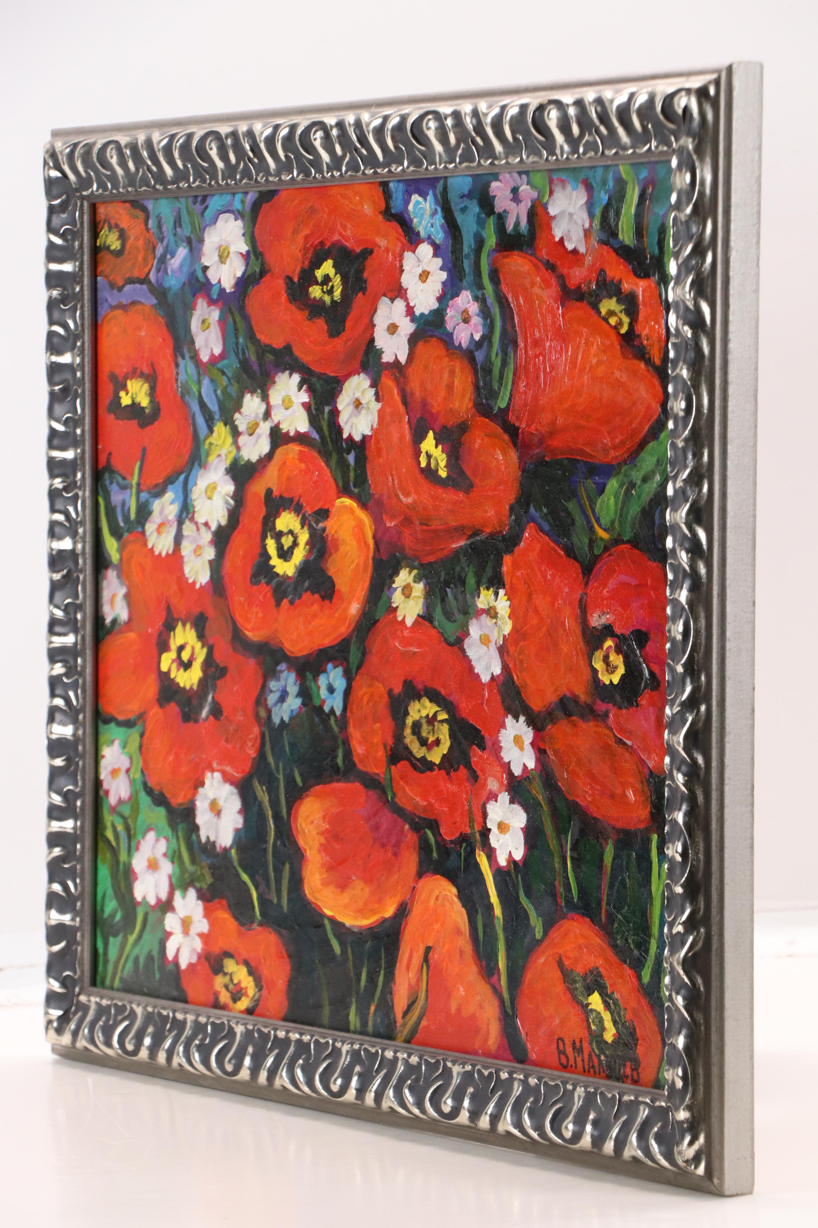 Vadim Maltsev Russian Folk Art Oil Painting "Poppies," Late 20th Century