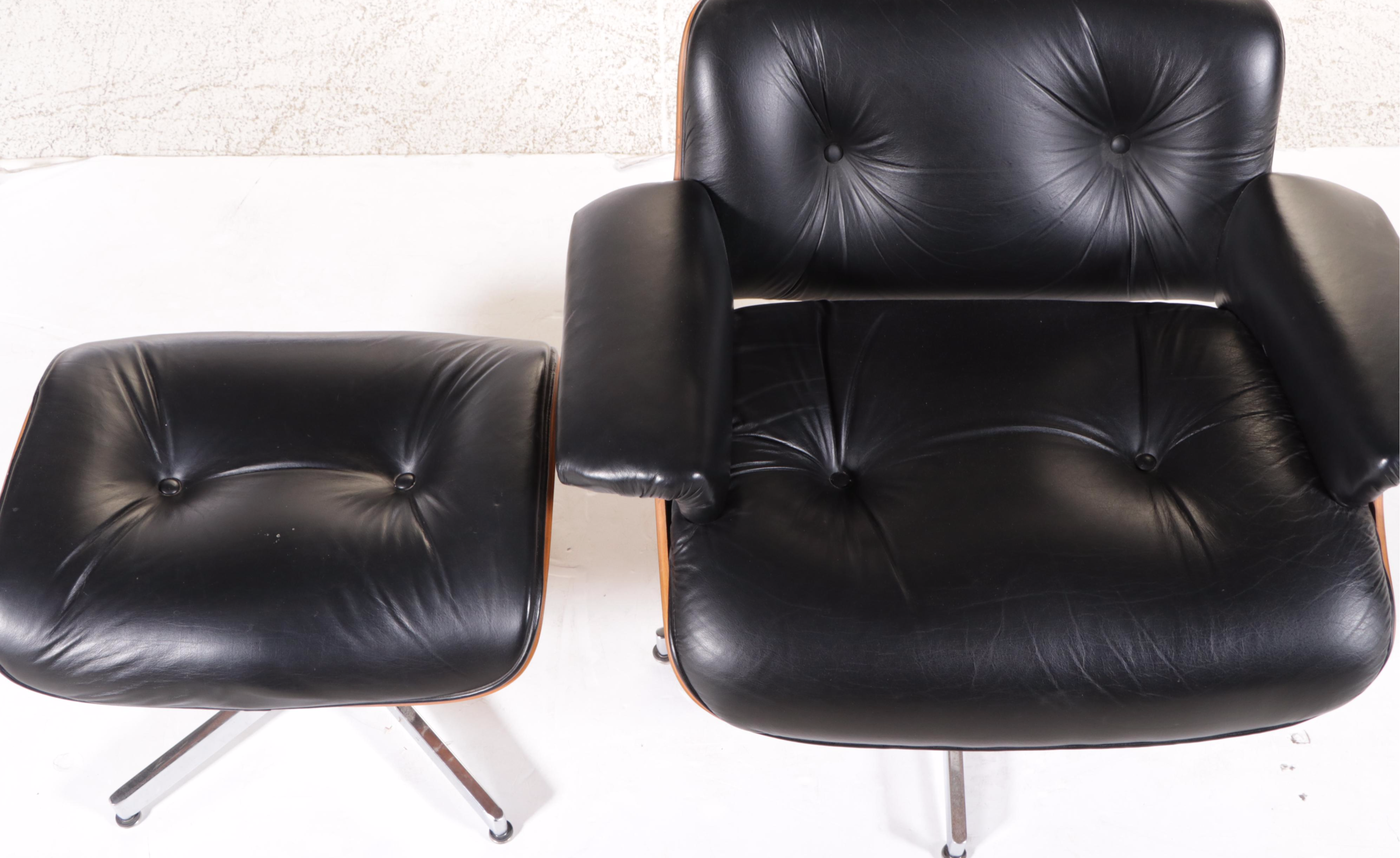 Selig Molded Walnut and Black Leather Lounge Chair and Ottoman