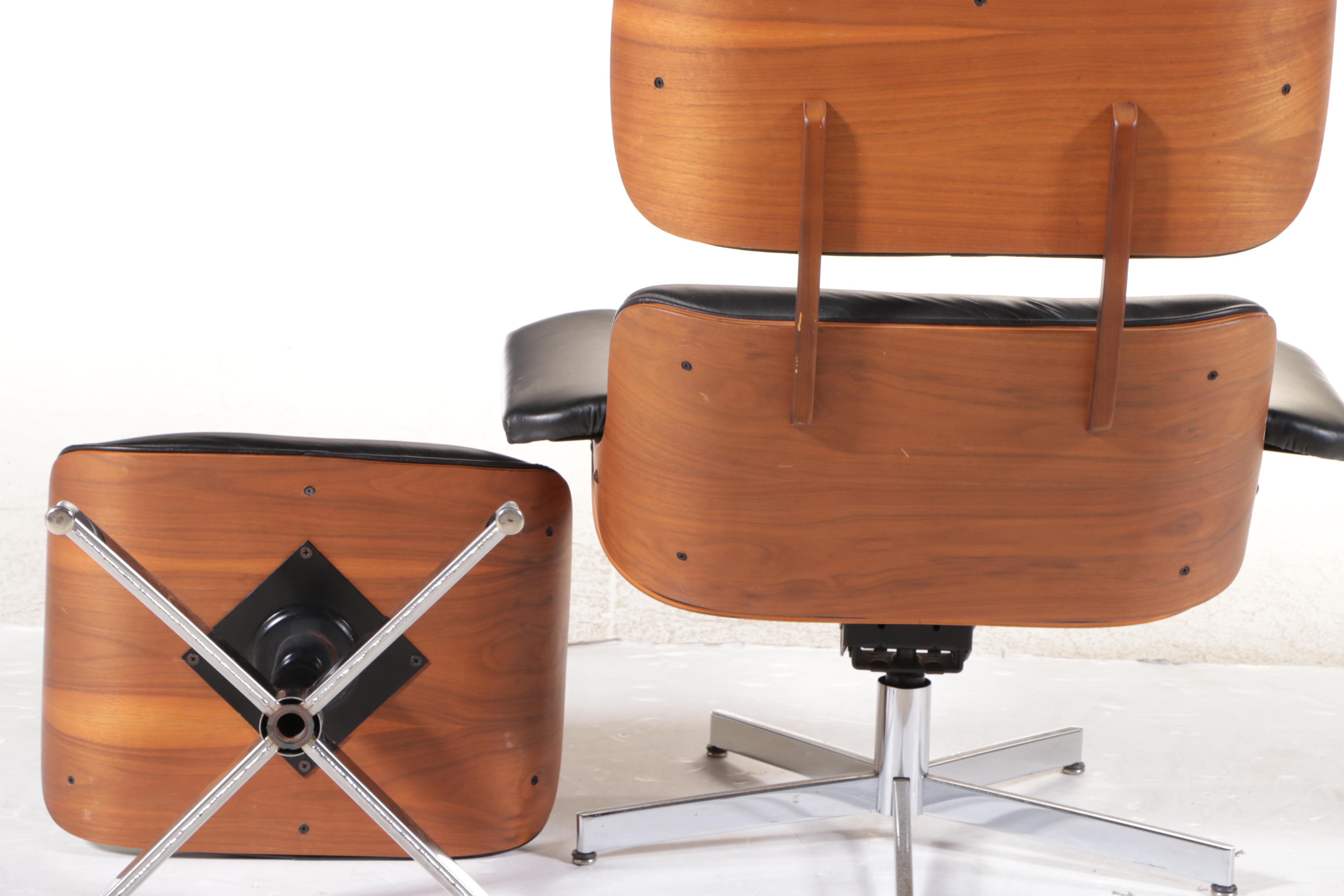 Selig Molded Walnut and Black Leather Lounge Chair and Ottoman