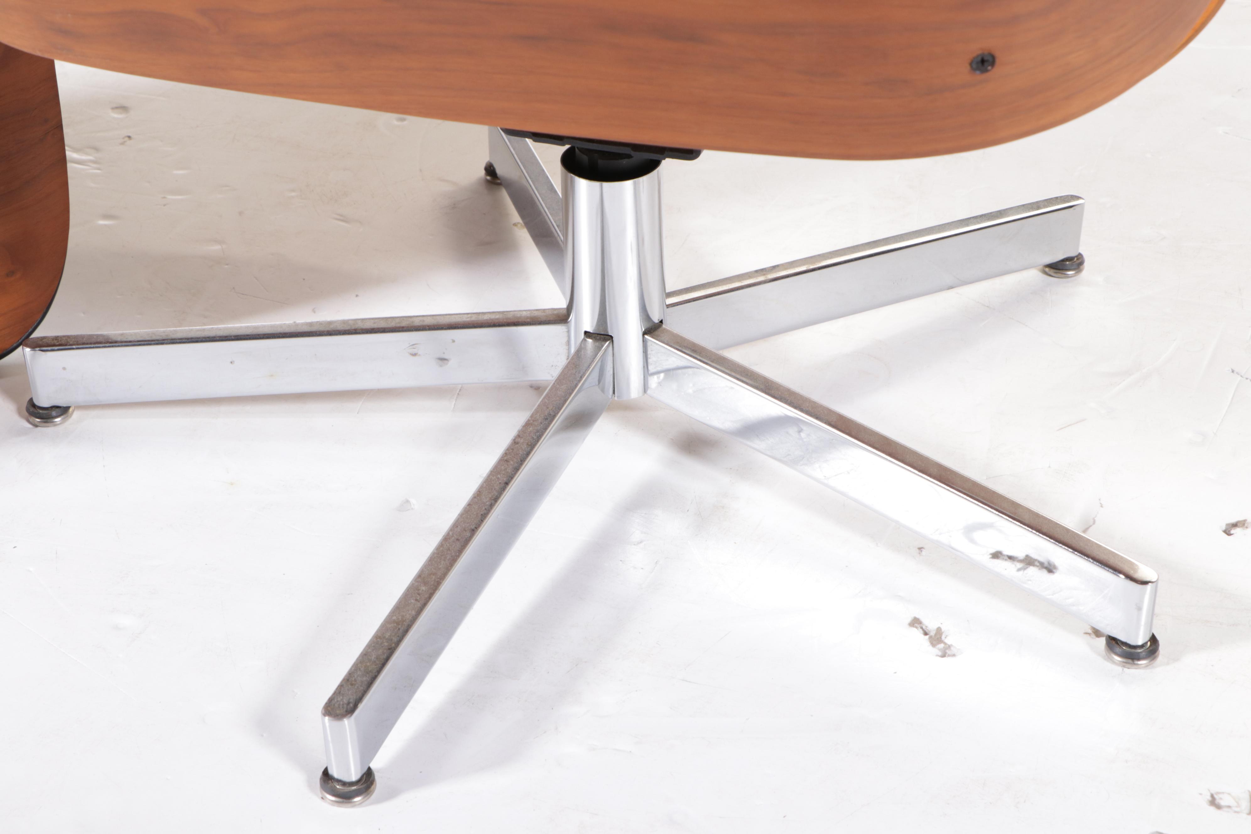 Selig Molded Walnut and Black Leather Lounge Chair and Ottoman