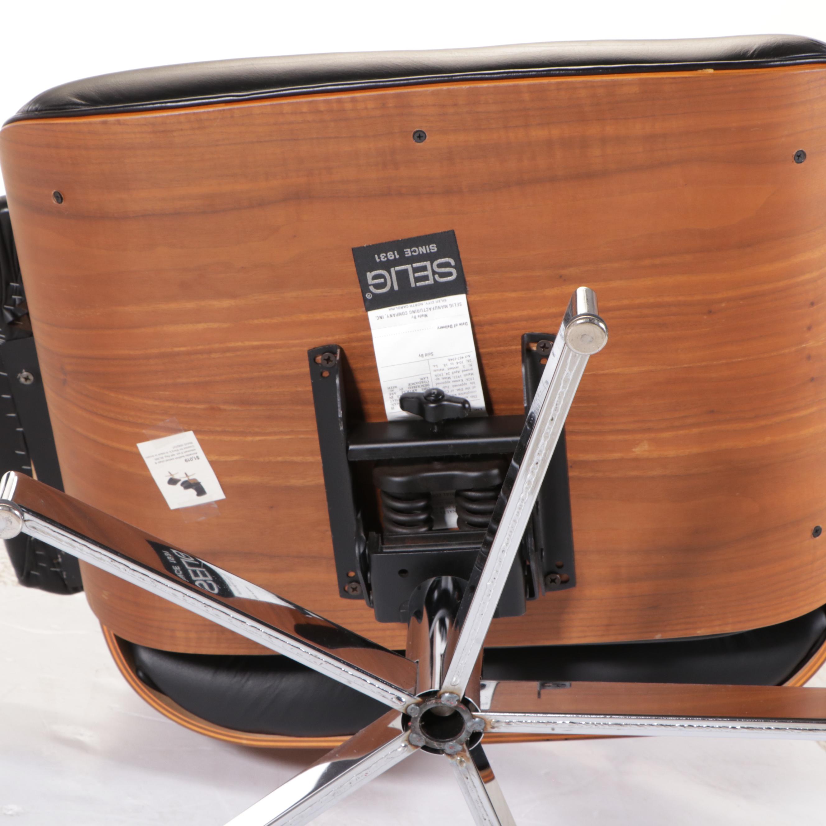 Selig Molded Walnut and Black Leather Lounge Chair and Ottoman