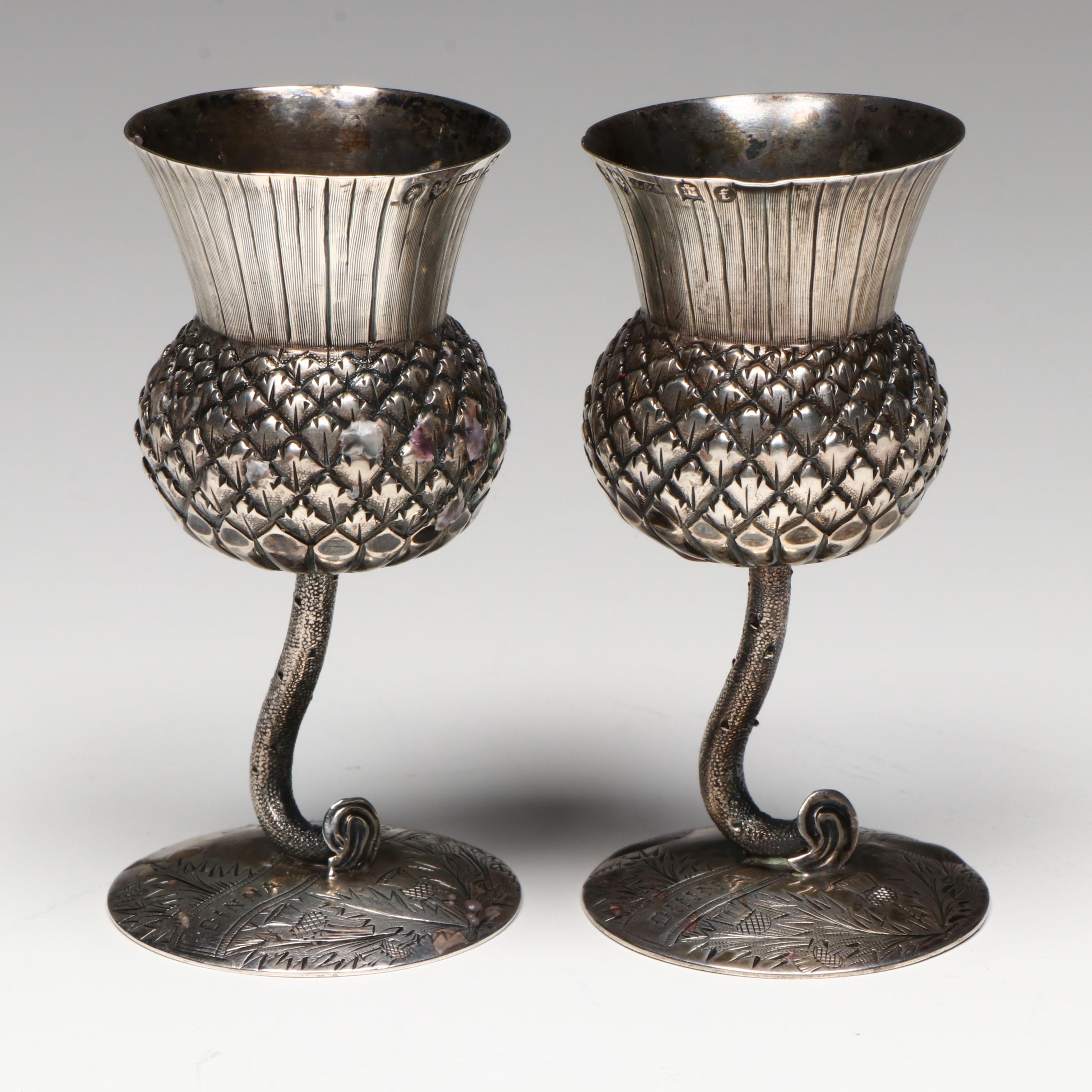 Antique Lewis & Alexander Scottish Sterling Silver Thistle Whiskey Tots, 1887