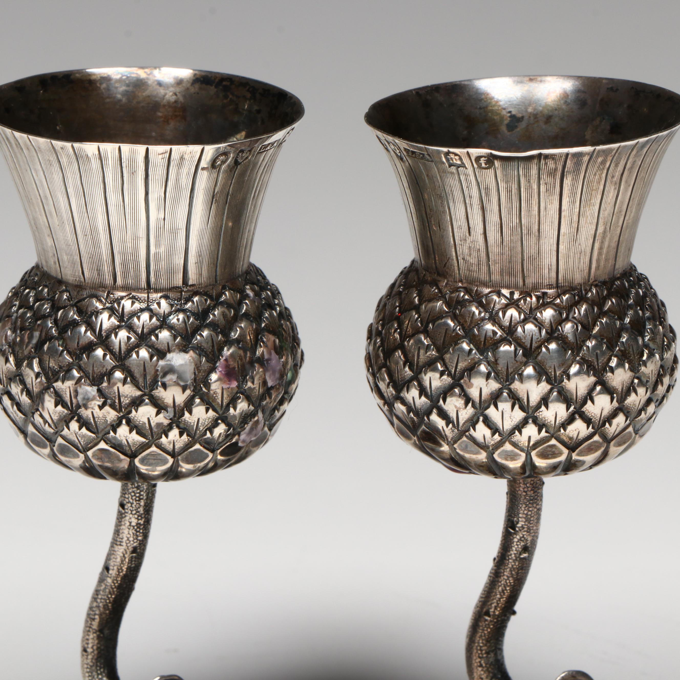 Antique Lewis & Alexander Scottish Sterling Silver Thistle Whiskey Tots, 1887