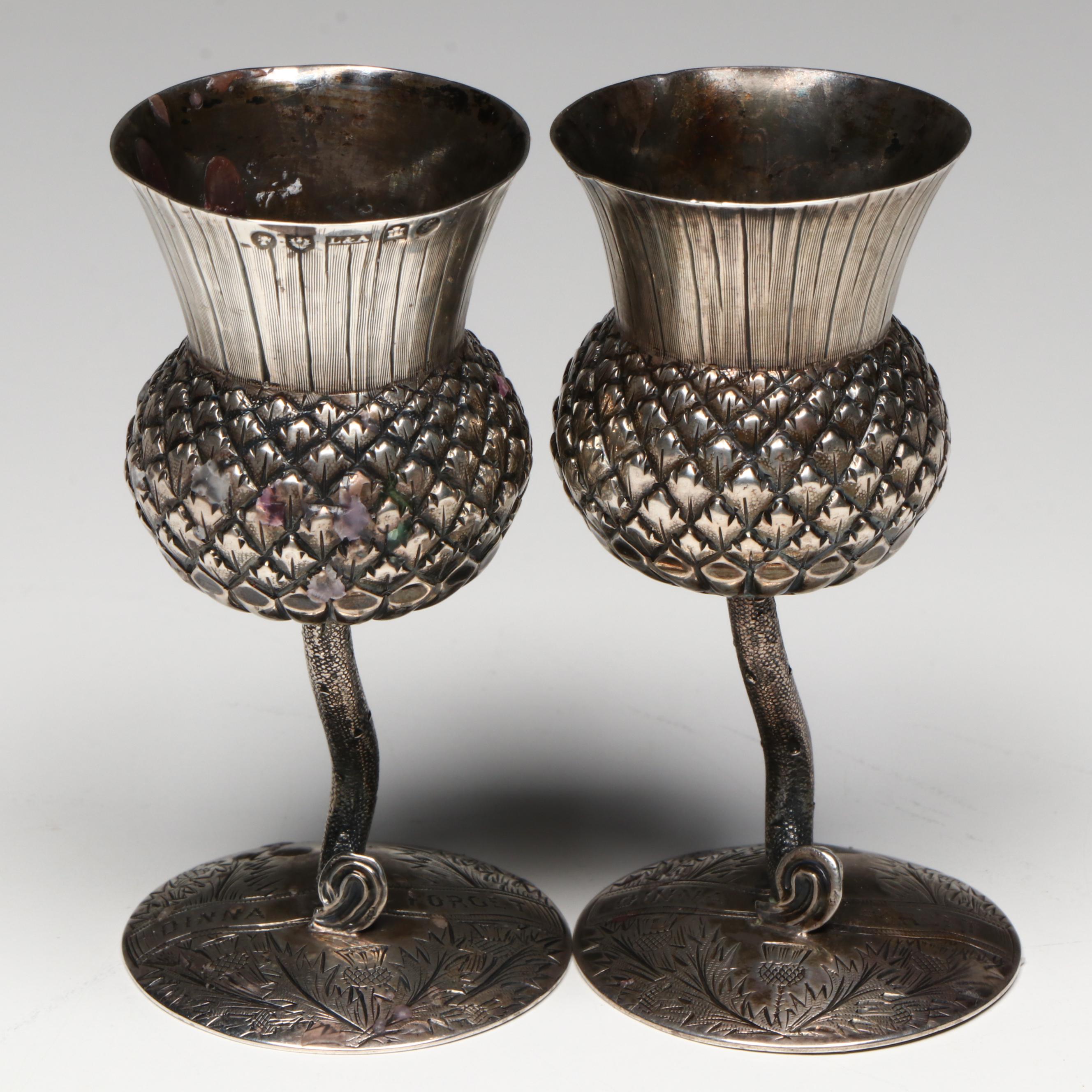 Antique Lewis & Alexander Scottish Sterling Silver Thistle Whiskey Tots, 1887