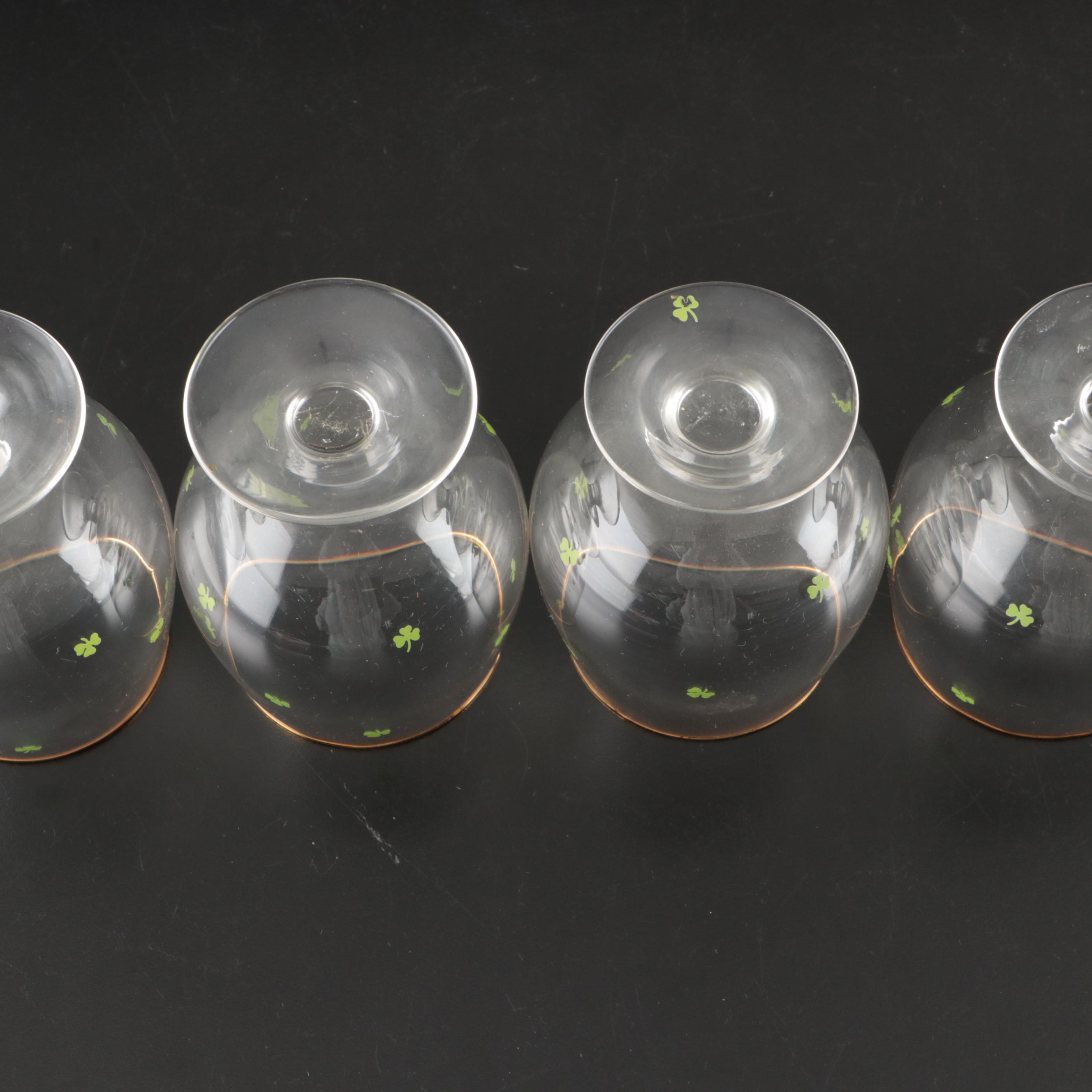 Belleek Ceramic Creamers and Sugar Bowls with Waterford Gilt Brandy Glasses