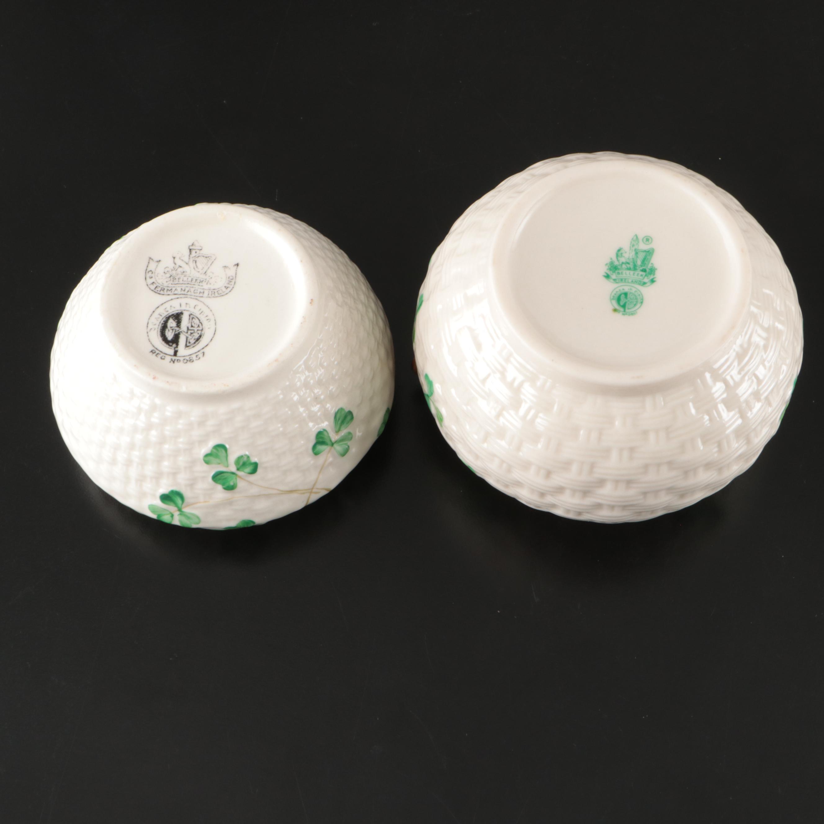 Belleek Ceramic Creamers and Sugar Bowls with Waterford Gilt Brandy Glasses