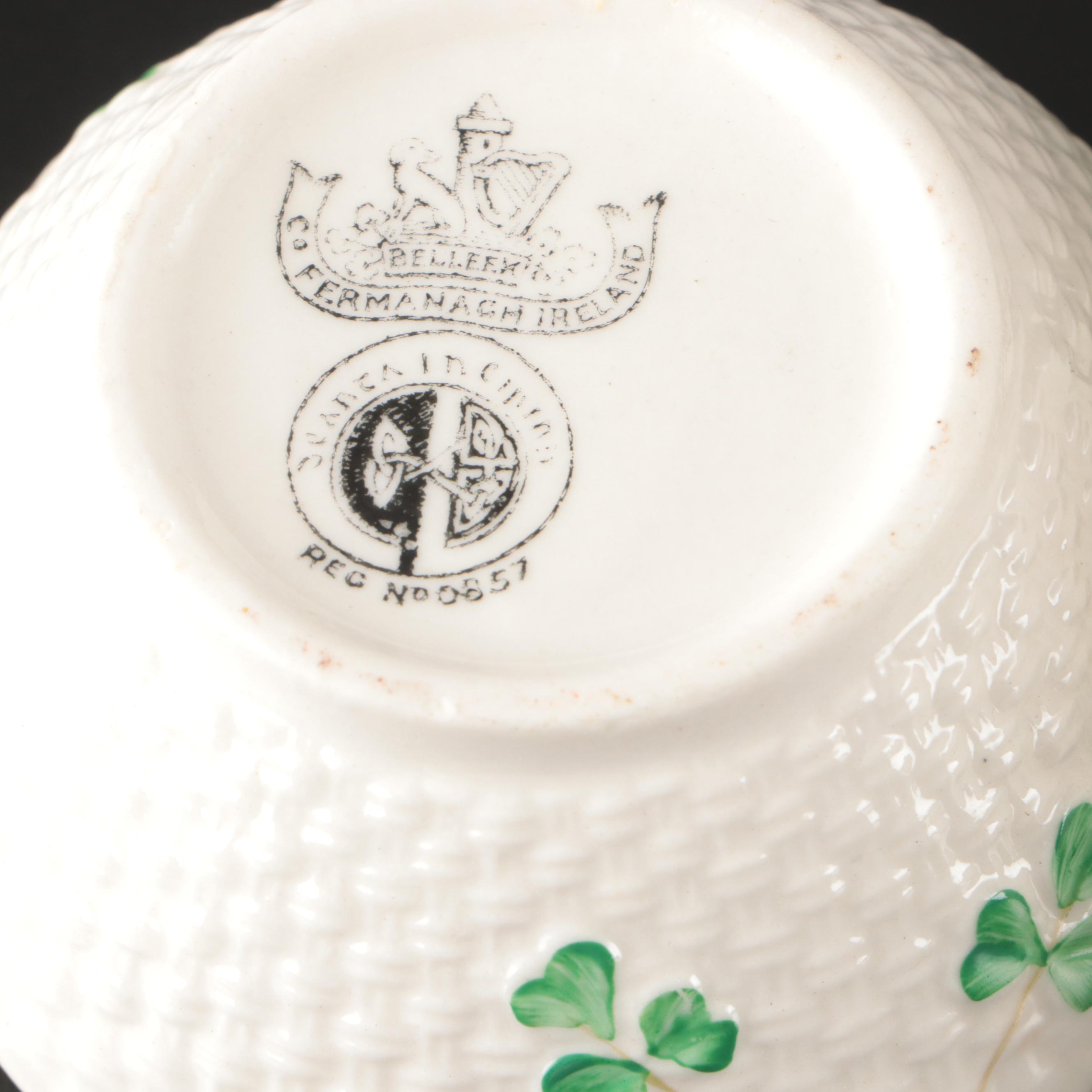 Belleek Ceramic Creamers and Sugar Bowls with Waterford Gilt Brandy Glasses