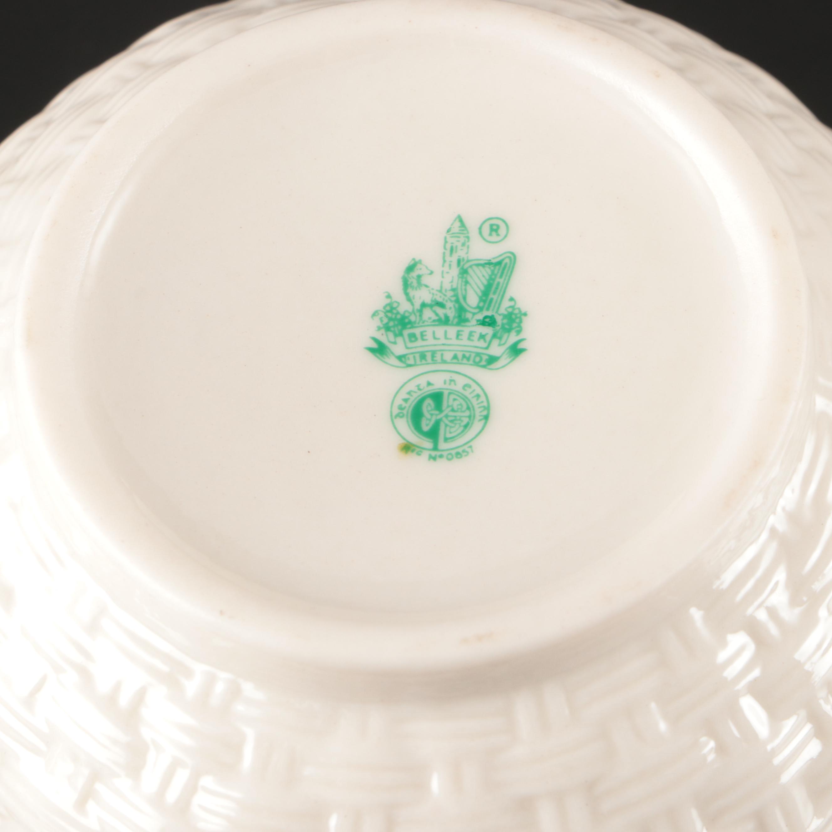 Belleek Ceramic Creamers and Sugar Bowls with Waterford Gilt Brandy Glasses