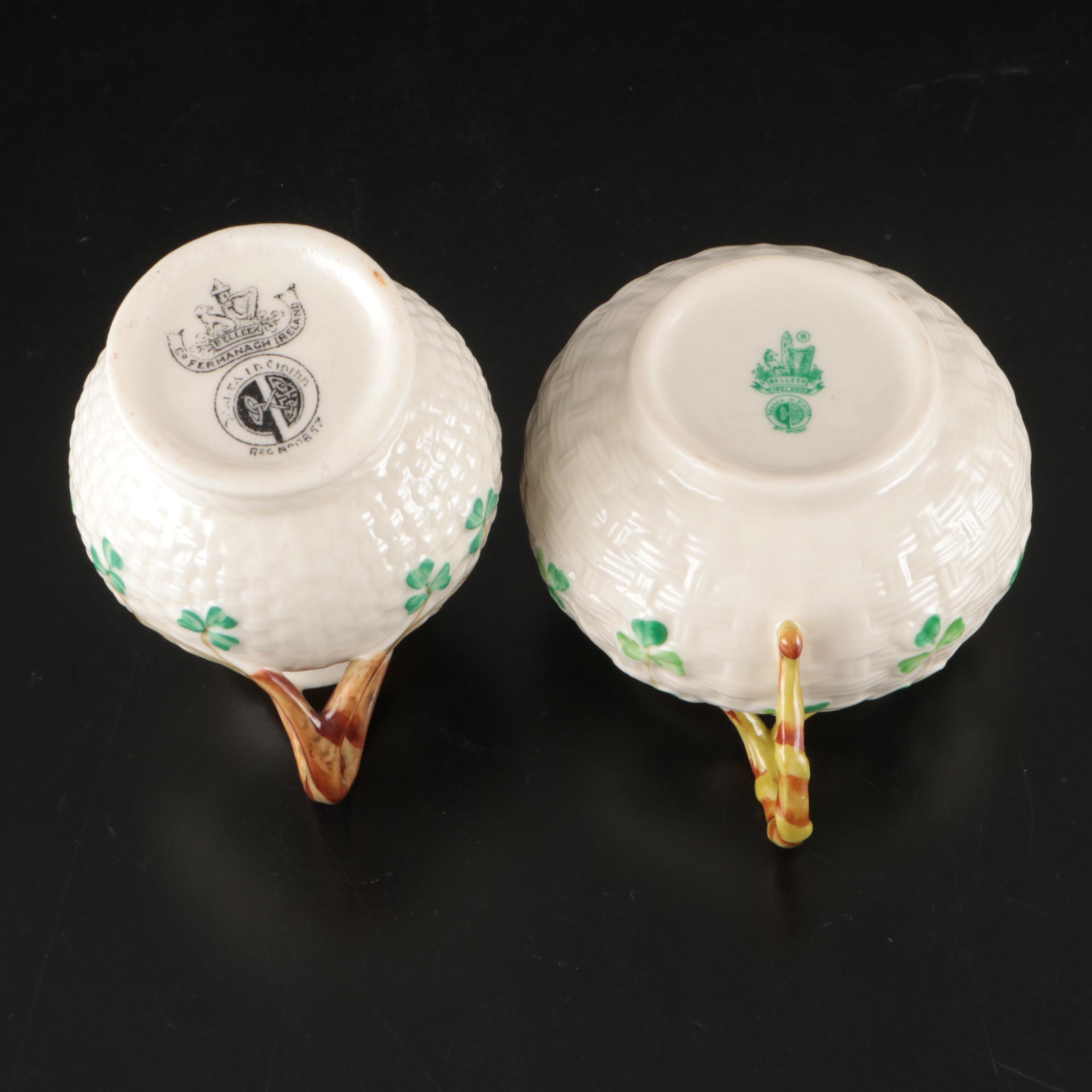 Belleek Ceramic Creamers and Sugar Bowls with Waterford Gilt Brandy Glasses