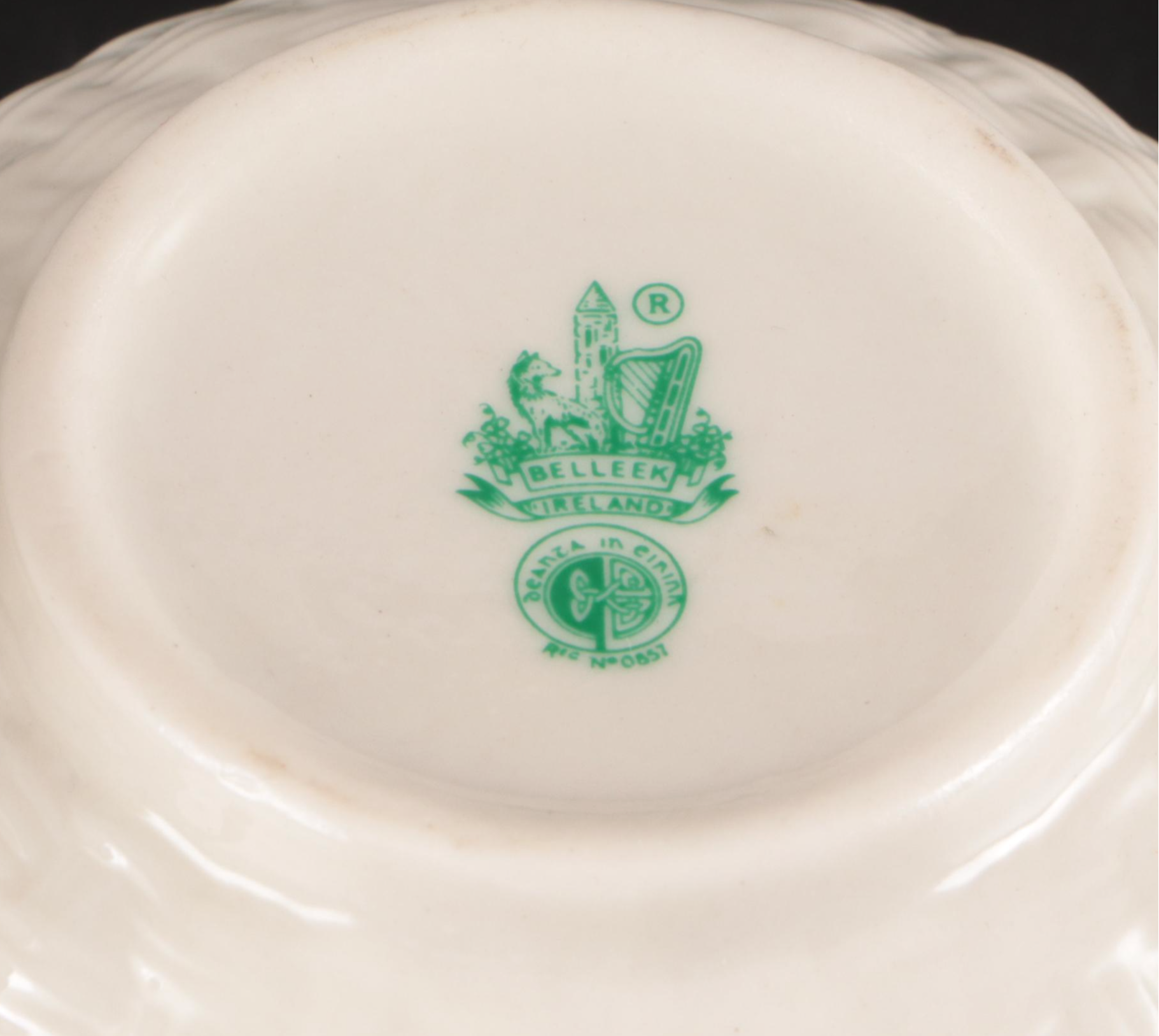 Belleek Ceramic Creamers and Sugar Bowls with Waterford Gilt Brandy Glasses