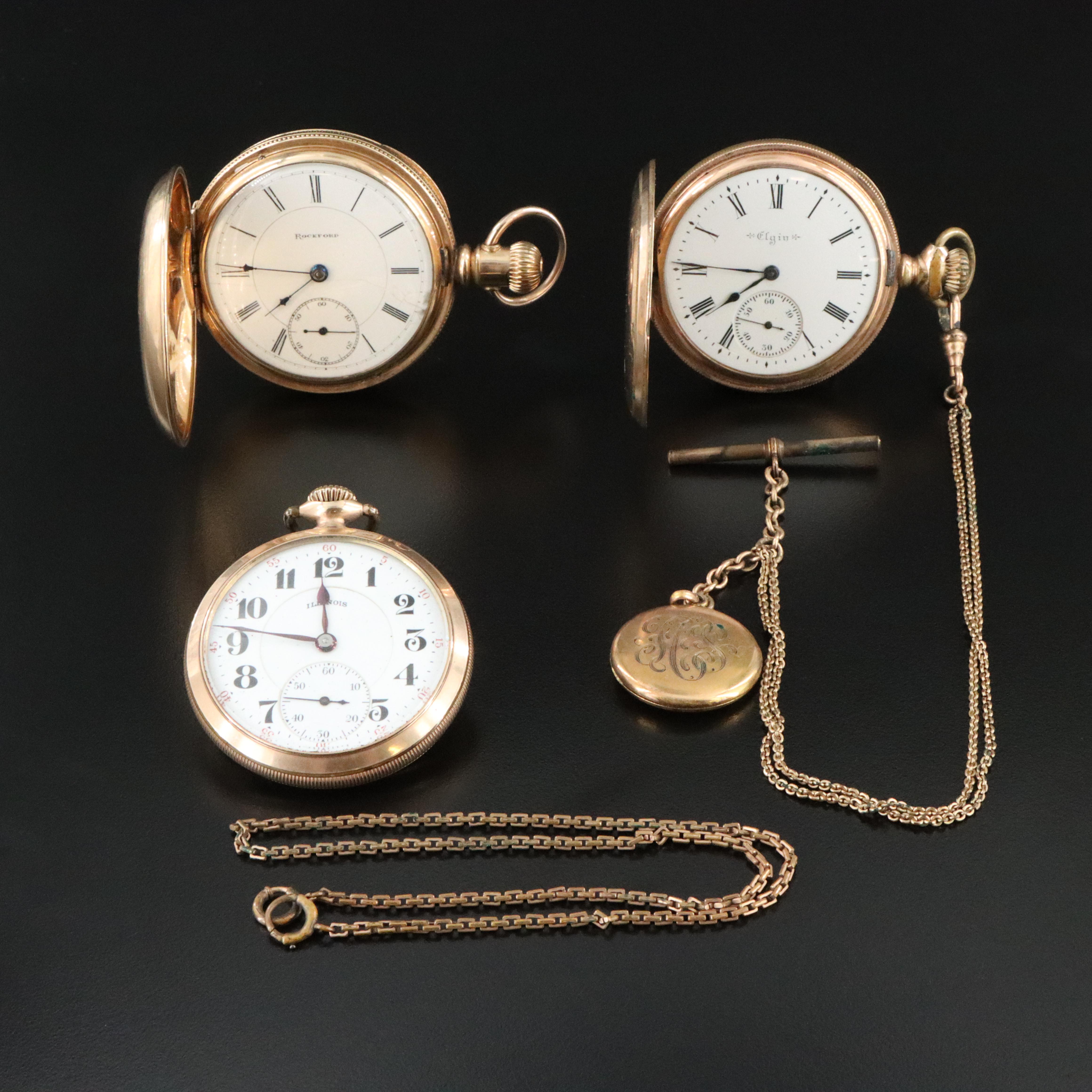 Illinois, Rockford and Elgin Pocket Watches with Fobs
