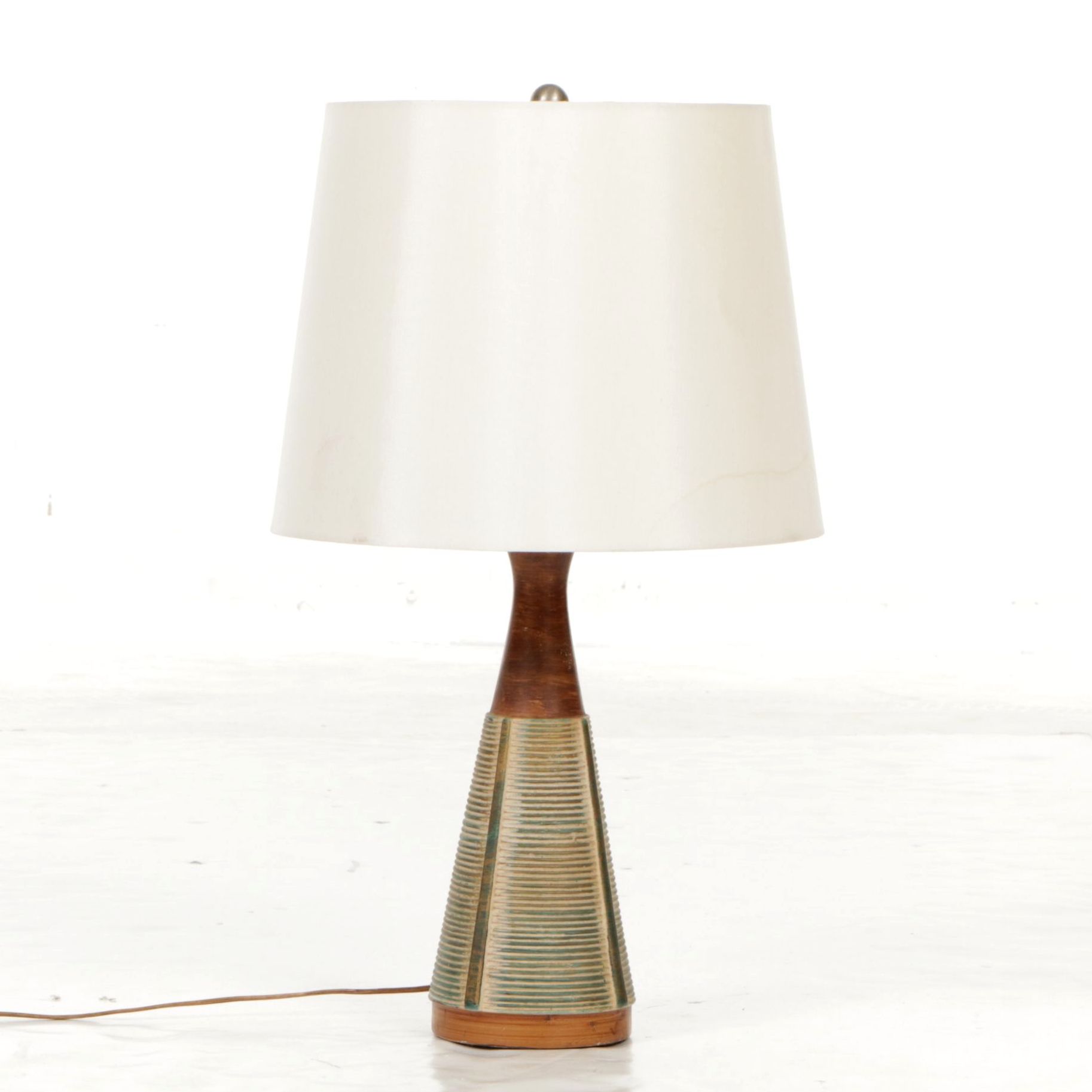 MCM Conical Faux Bois and Ribbed Ceramic Table Lamp with Drum Shade