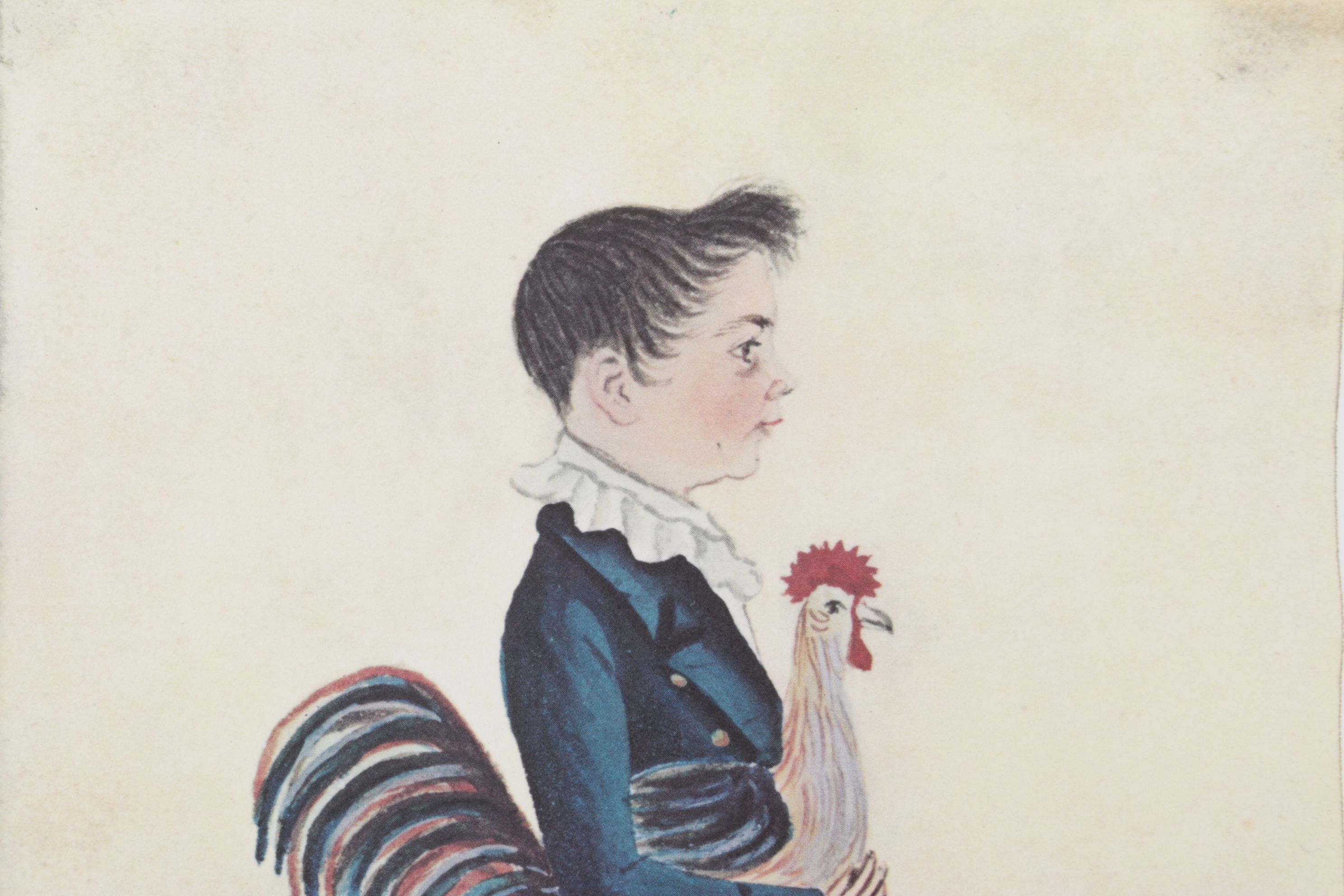 Folk Art Offset Lithograph "Boy With Rooster"