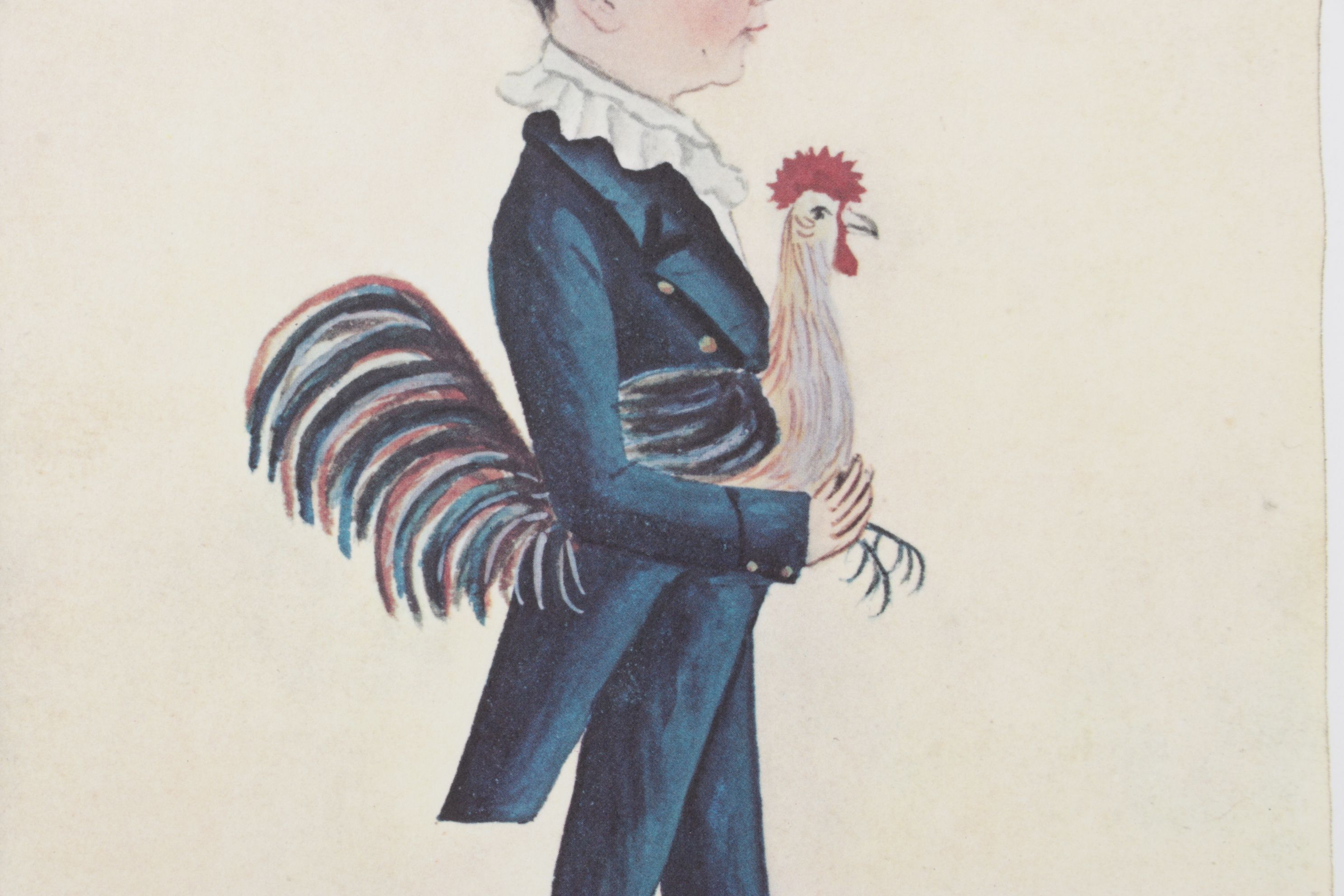 Folk Art Offset Lithograph "Boy With Rooster"