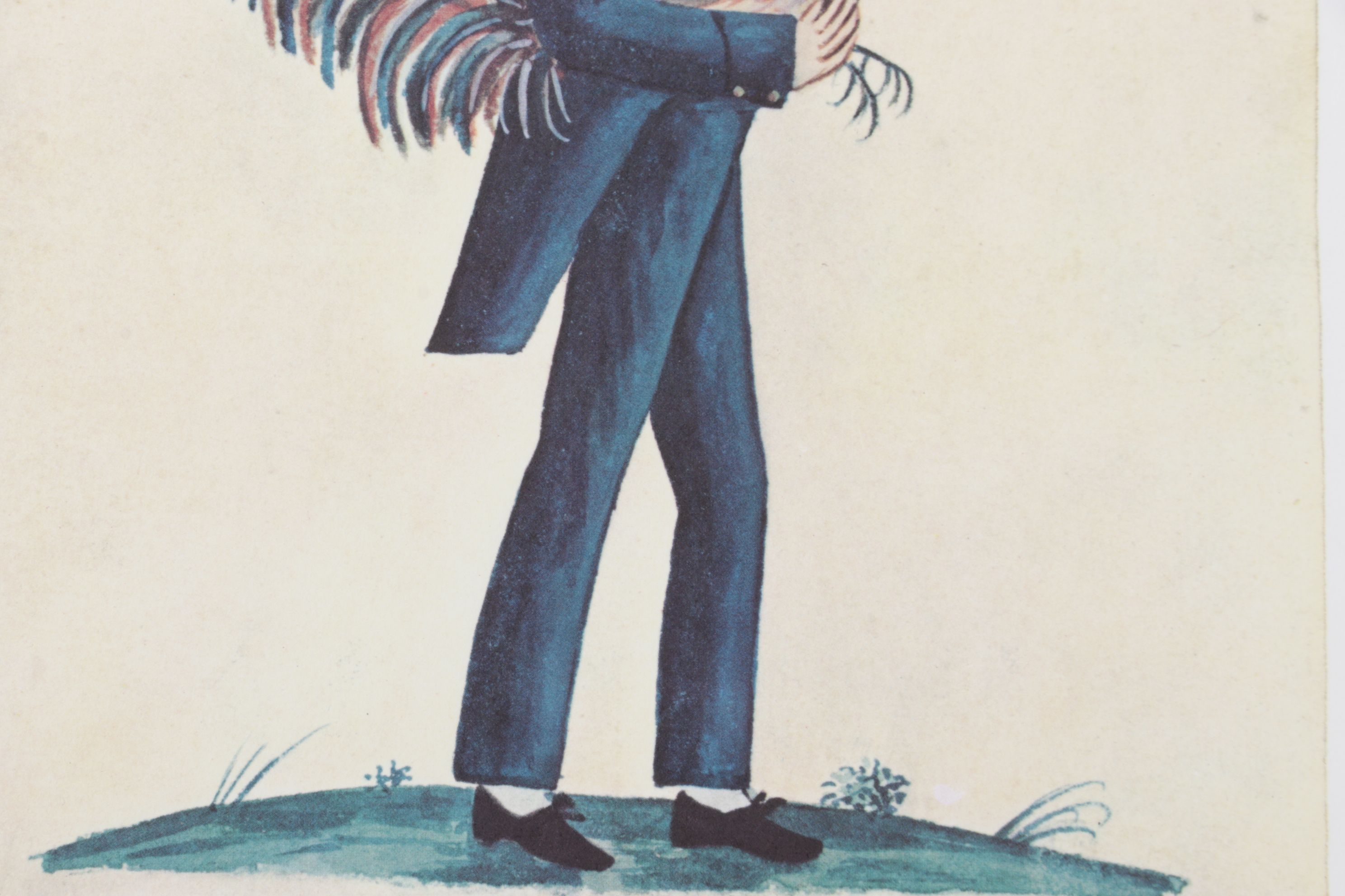 Folk Art Offset Lithograph "Boy With Rooster"