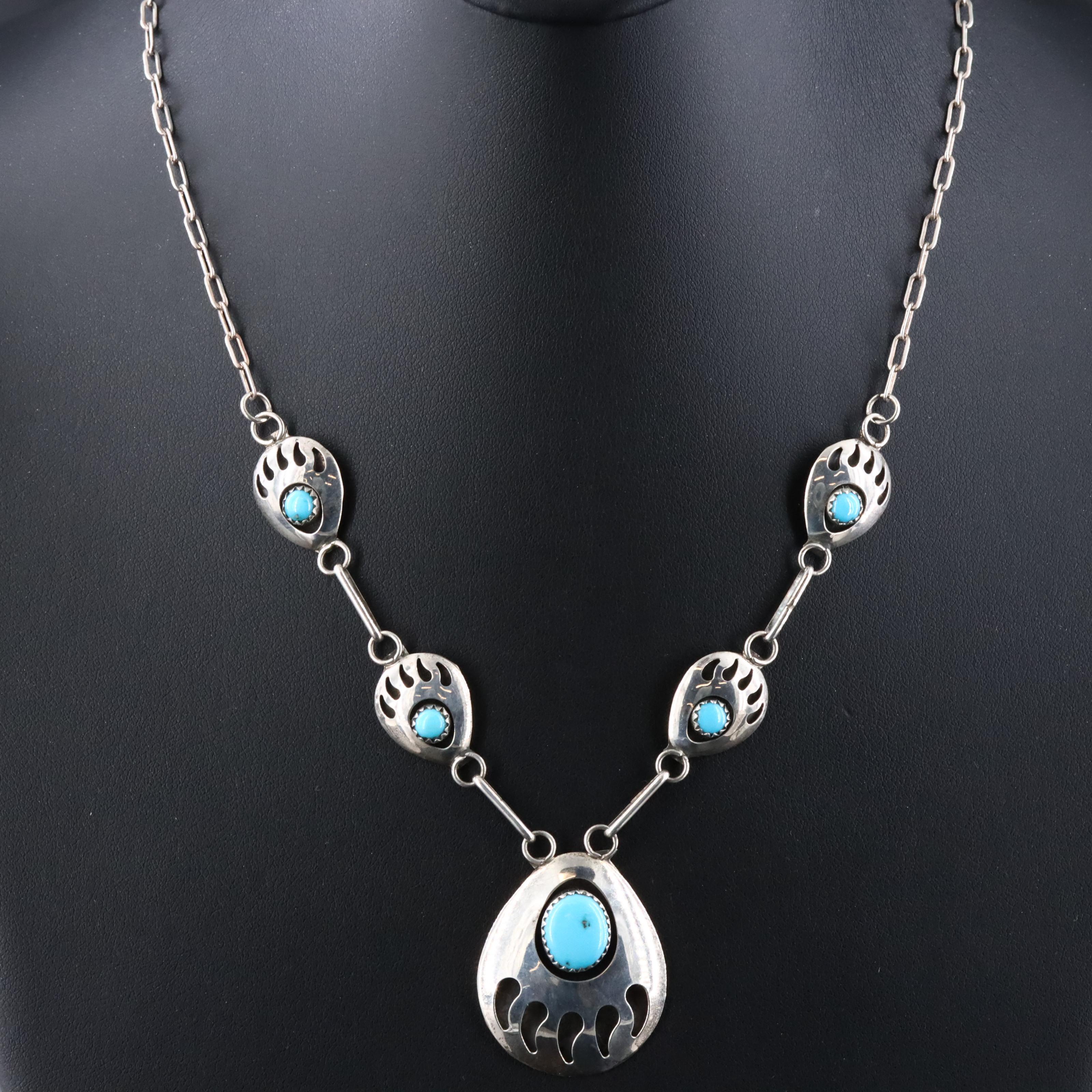 Southwestern Sterling Turquoise Bear Paw Shadowbox Necklace