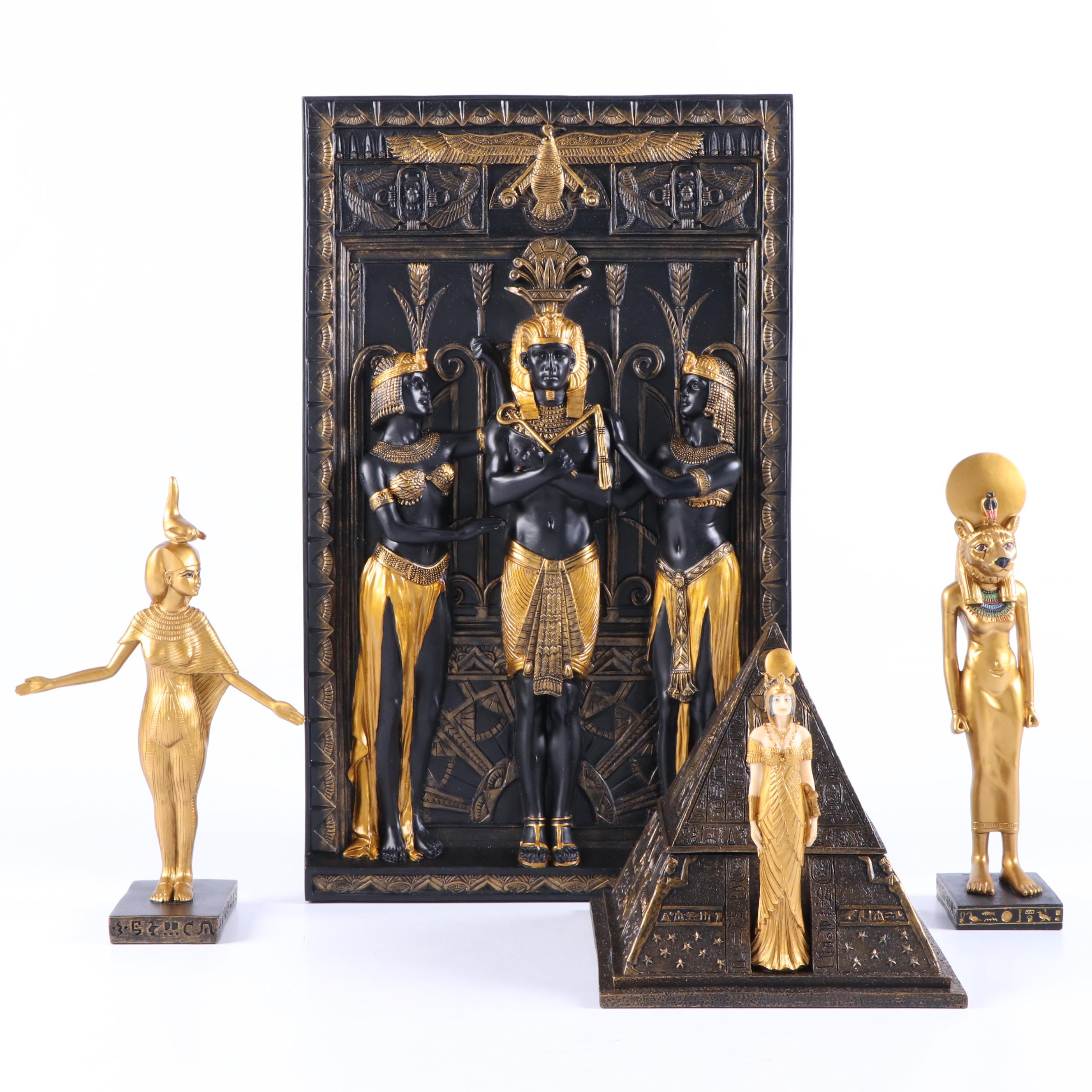 Veronese Design Egyptian Style Resin Wall Plaque and Figures with Lidded Box