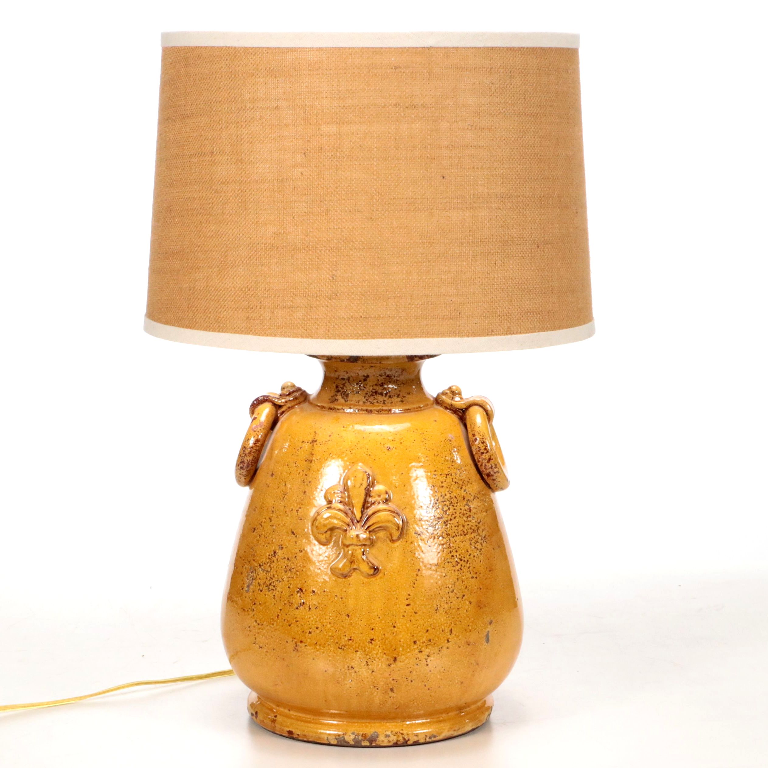 Vietri Ocher Glaze Terracotta Vessel Table Lamp & Burlap Drum Shade