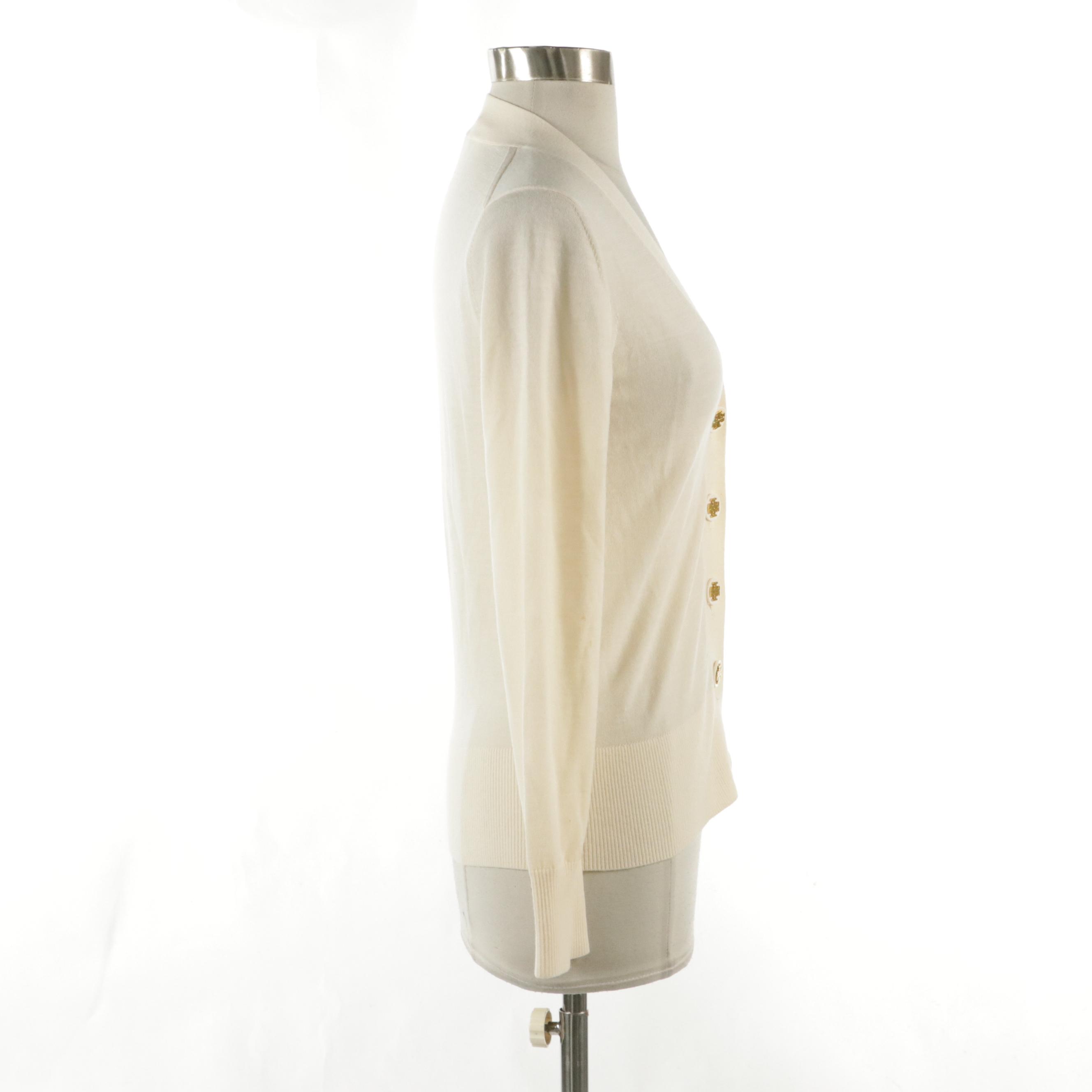 Tory Burch Simone V-Neck Cardigan Sweater in Ivory Merino Wool Blend