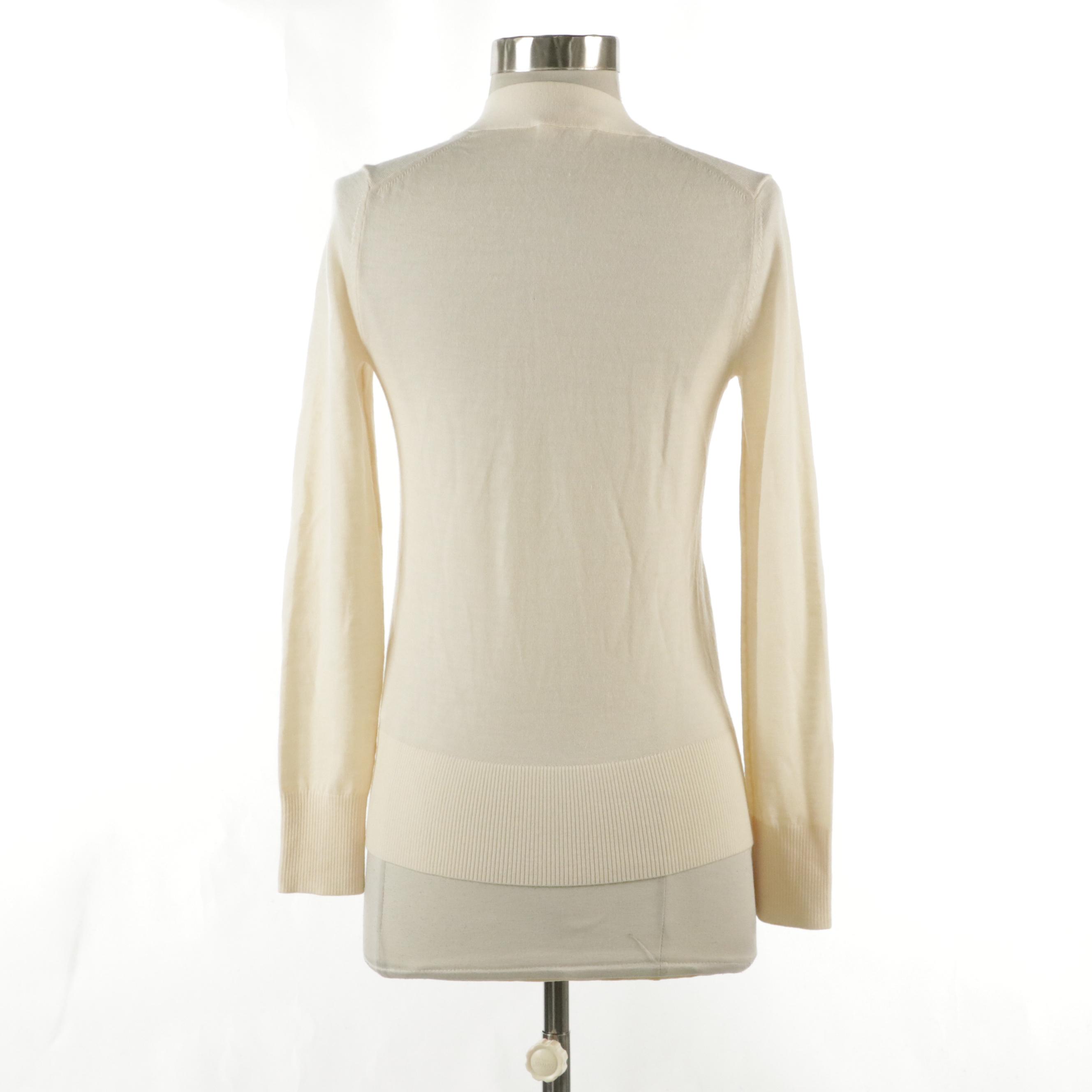 Tory Burch Simone V-Neck Cardigan Sweater in Ivory Merino Wool Blend
