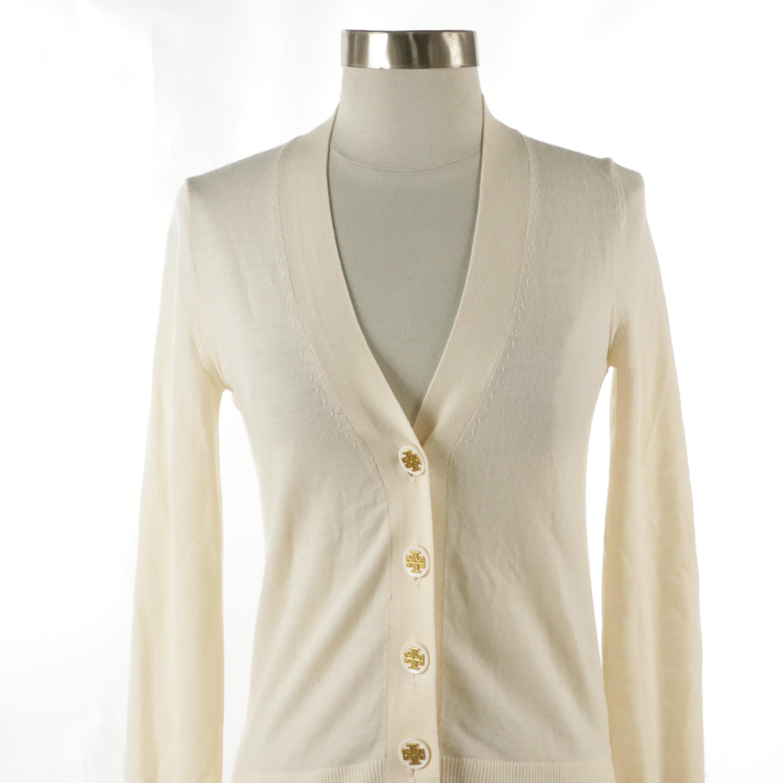 Tory Burch Simone V-Neck Cardigan Sweater in Ivory Merino Wool Blend
