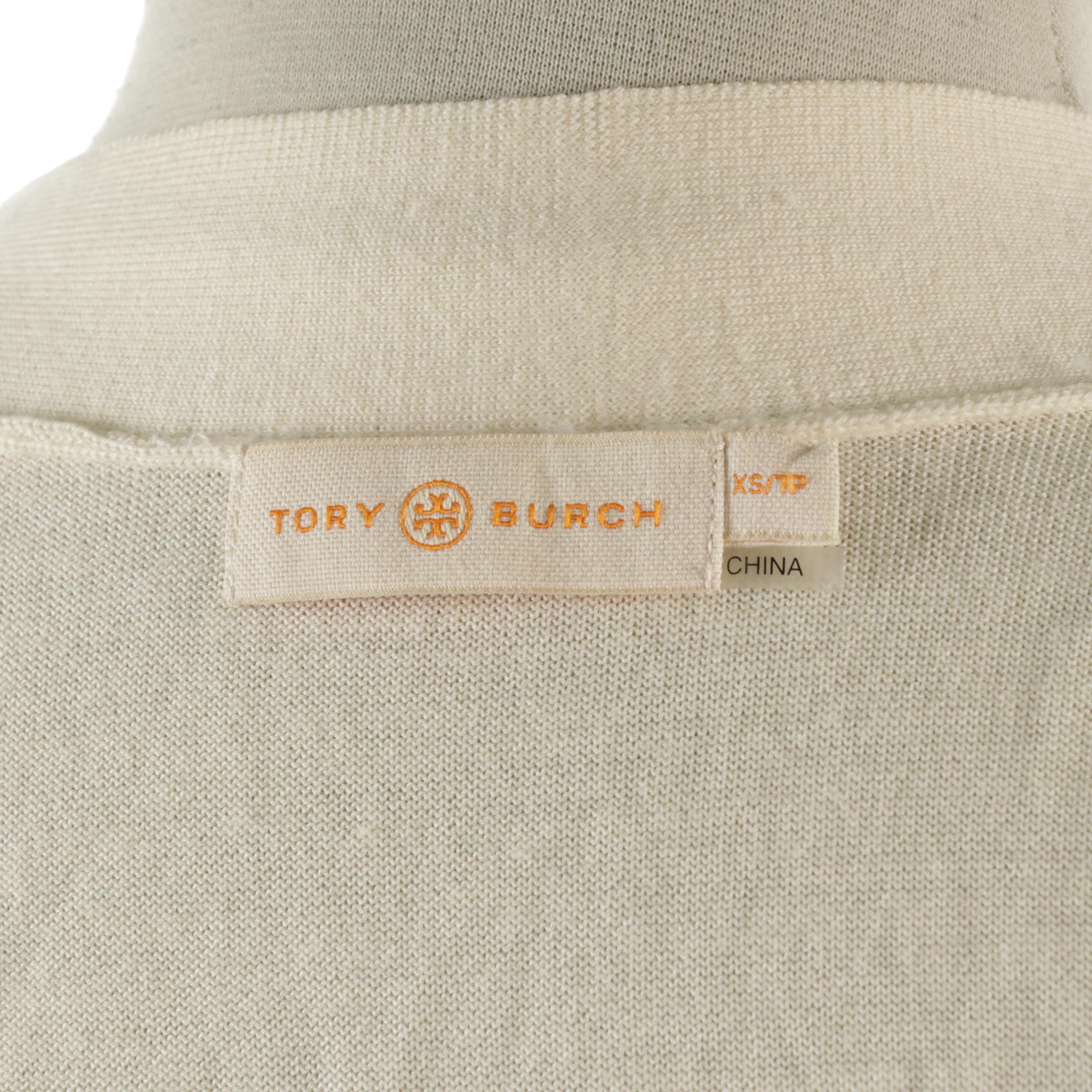 Tory Burch Simone V-Neck Cardigan Sweater in Ivory Merino Wool Blend