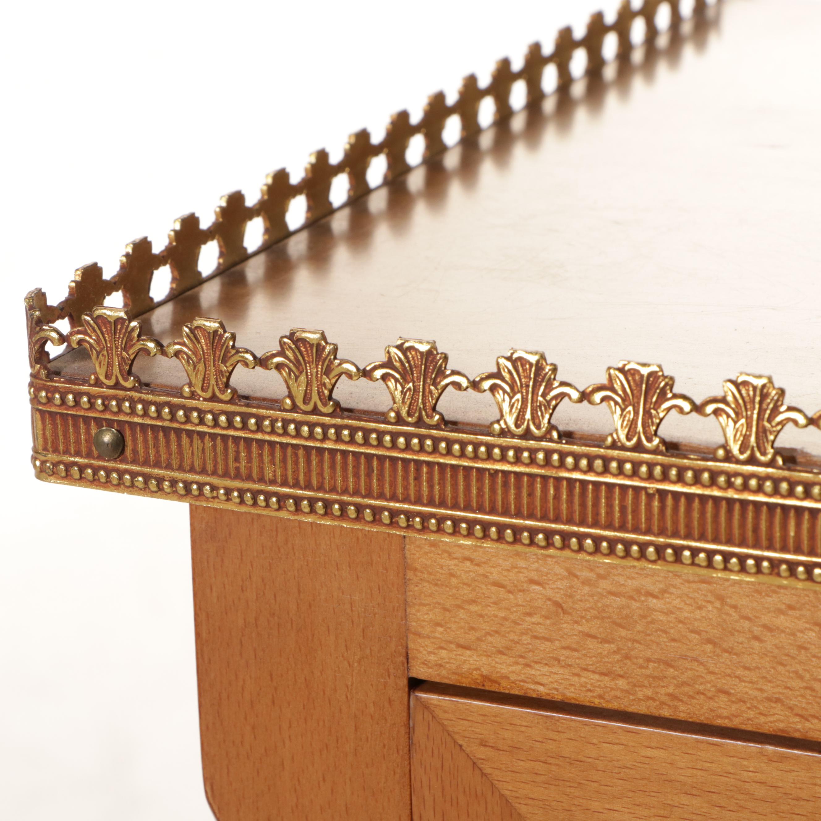 French Provincial Walnut Illuminated Curio Cabinet with Brass Accents