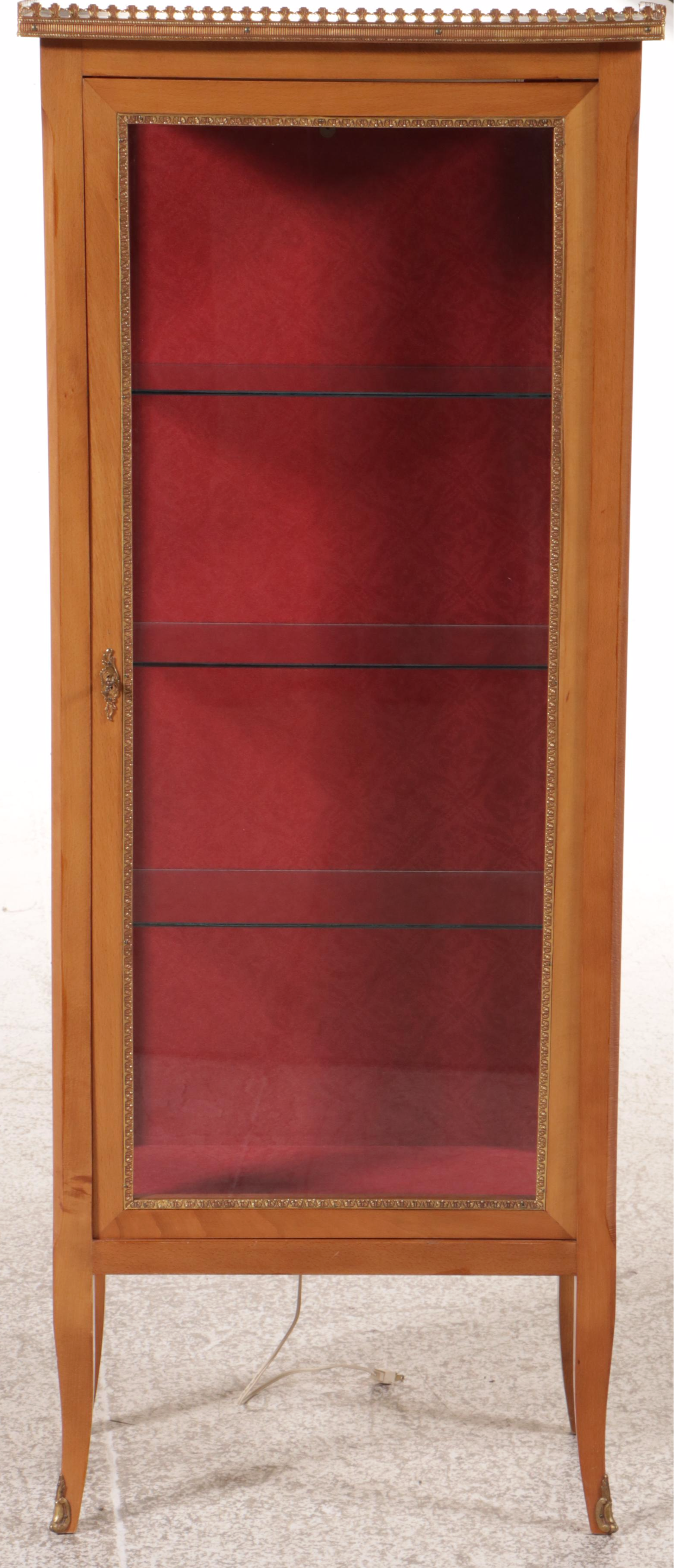 French Provincial Walnut Illuminated Curio Cabinet with Brass Accents