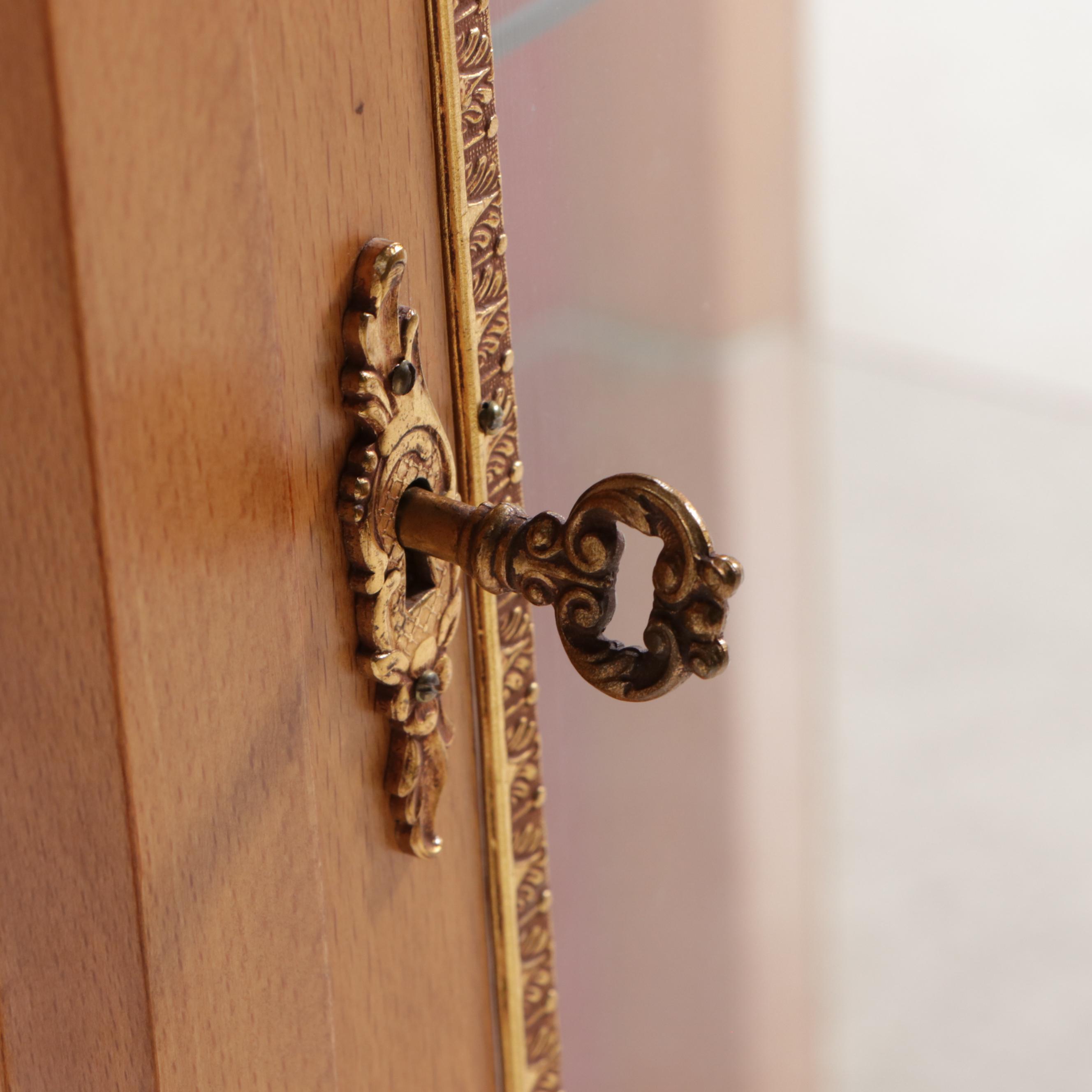 French Provincial Walnut Illuminated Curio Cabinet with Brass Accents