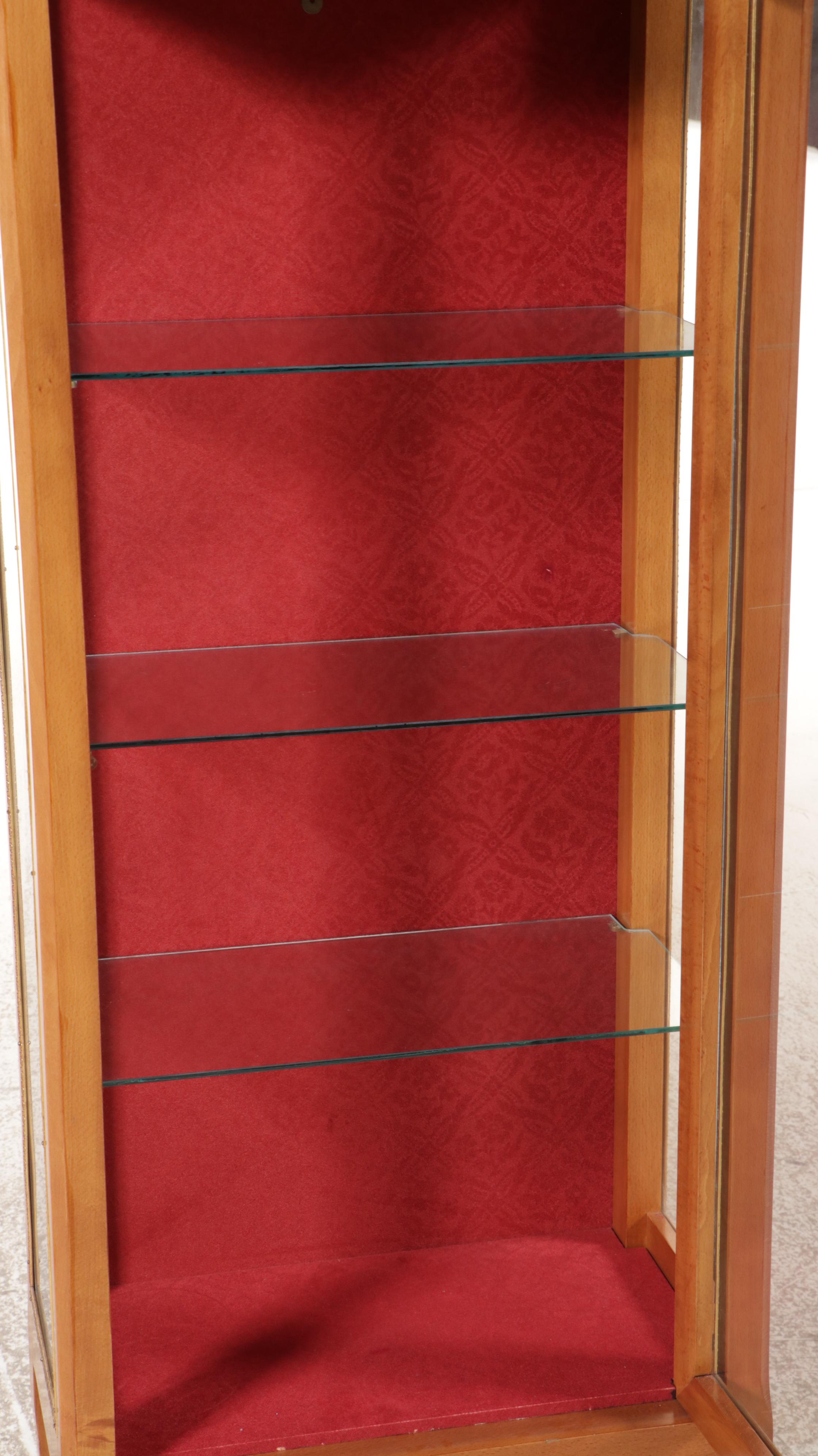 French Provincial Walnut Illuminated Curio Cabinet with Brass Accents