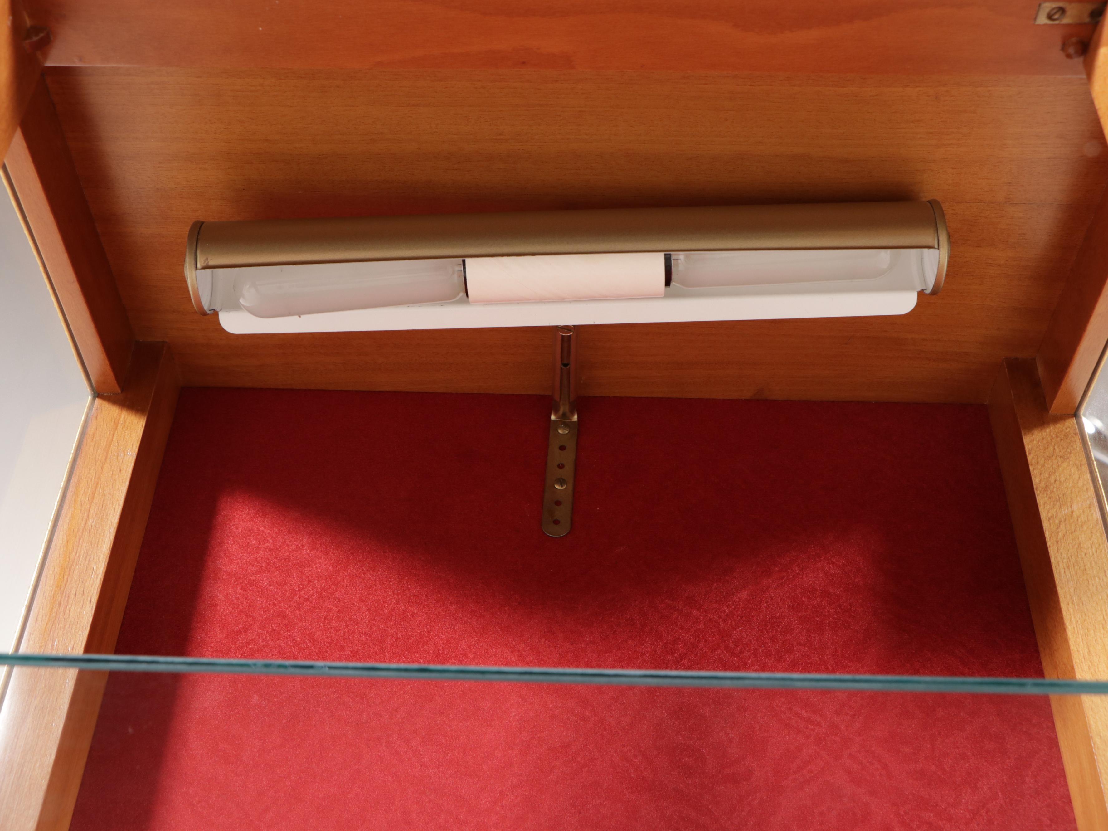 French Provincial Walnut Illuminated Curio Cabinet with Brass Accents