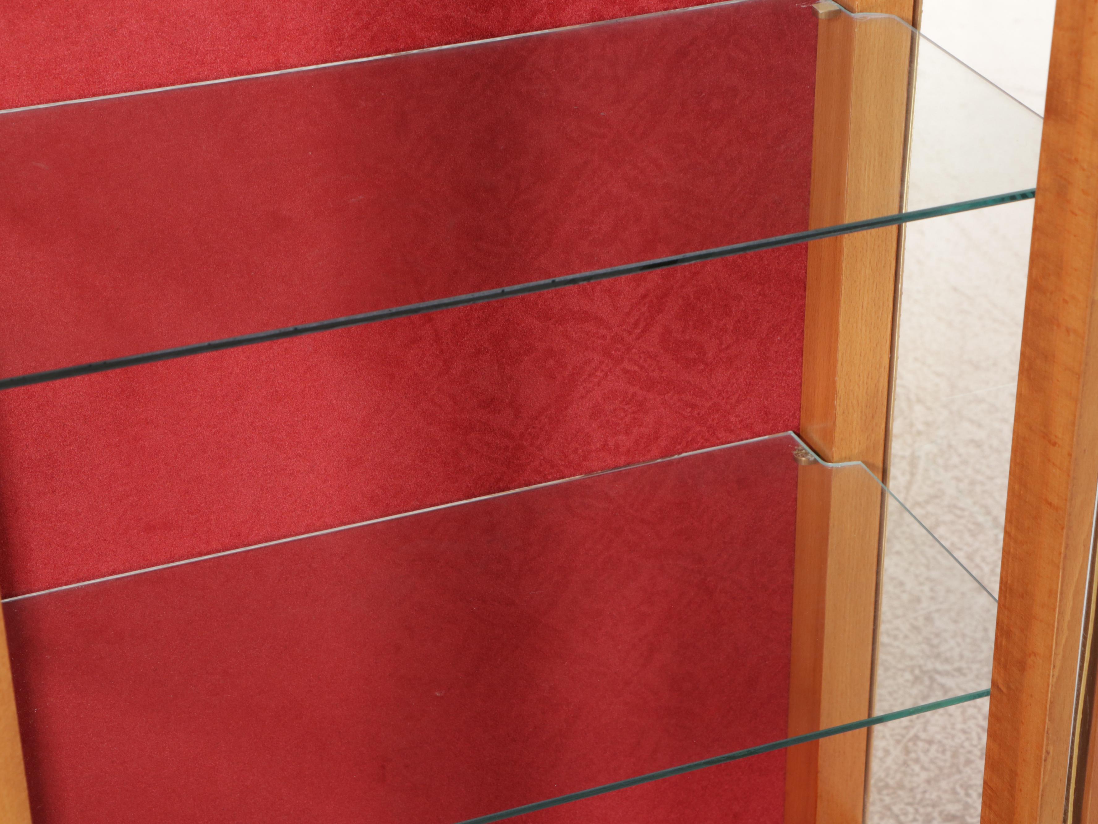 French Provincial Walnut Illuminated Curio Cabinet with Brass Accents