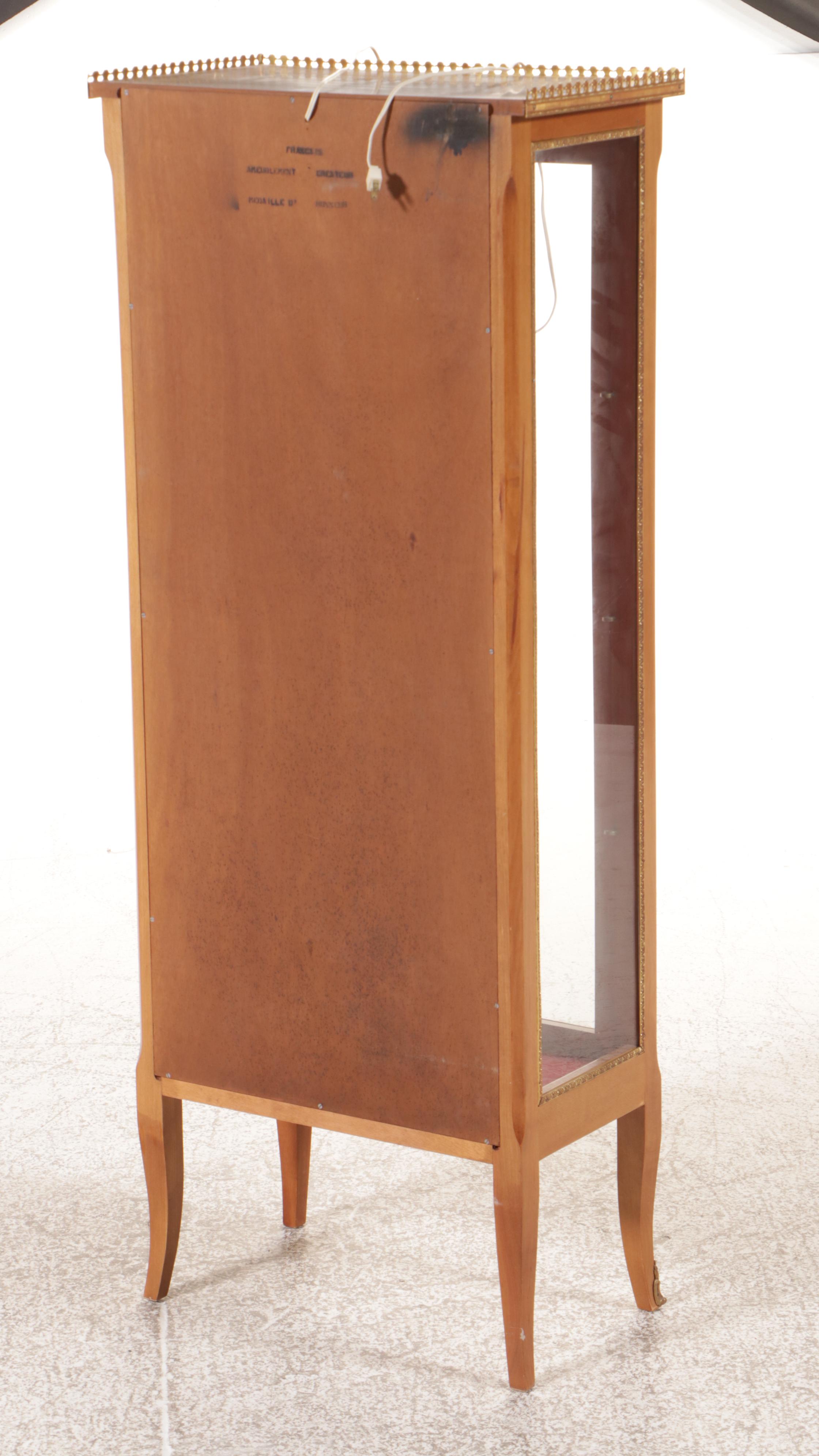 French Provincial Walnut Illuminated Curio Cabinet with Brass Accents