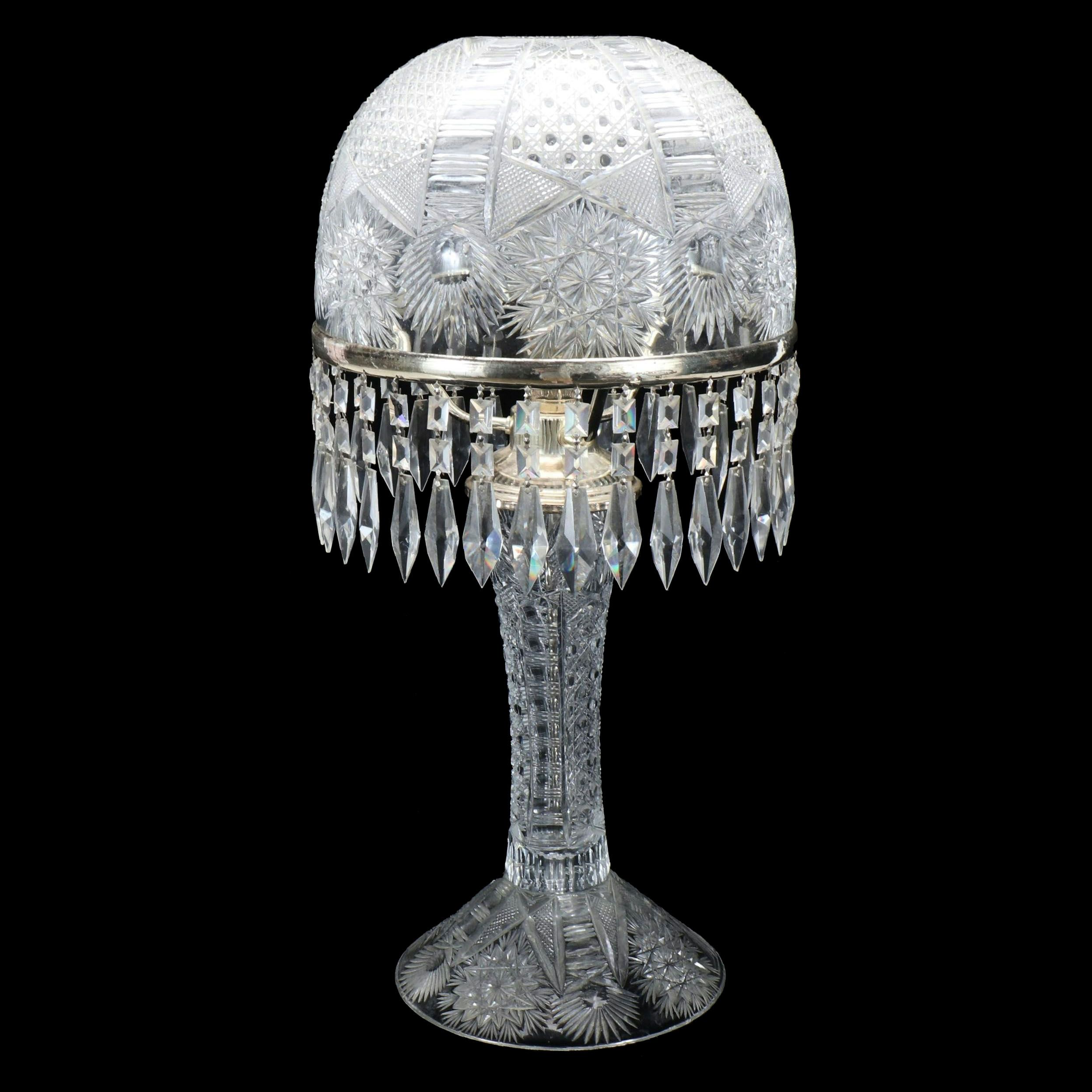 American Brilliant Style Cut Glass Mushroom Table Lamp with Prisms, 20th Century