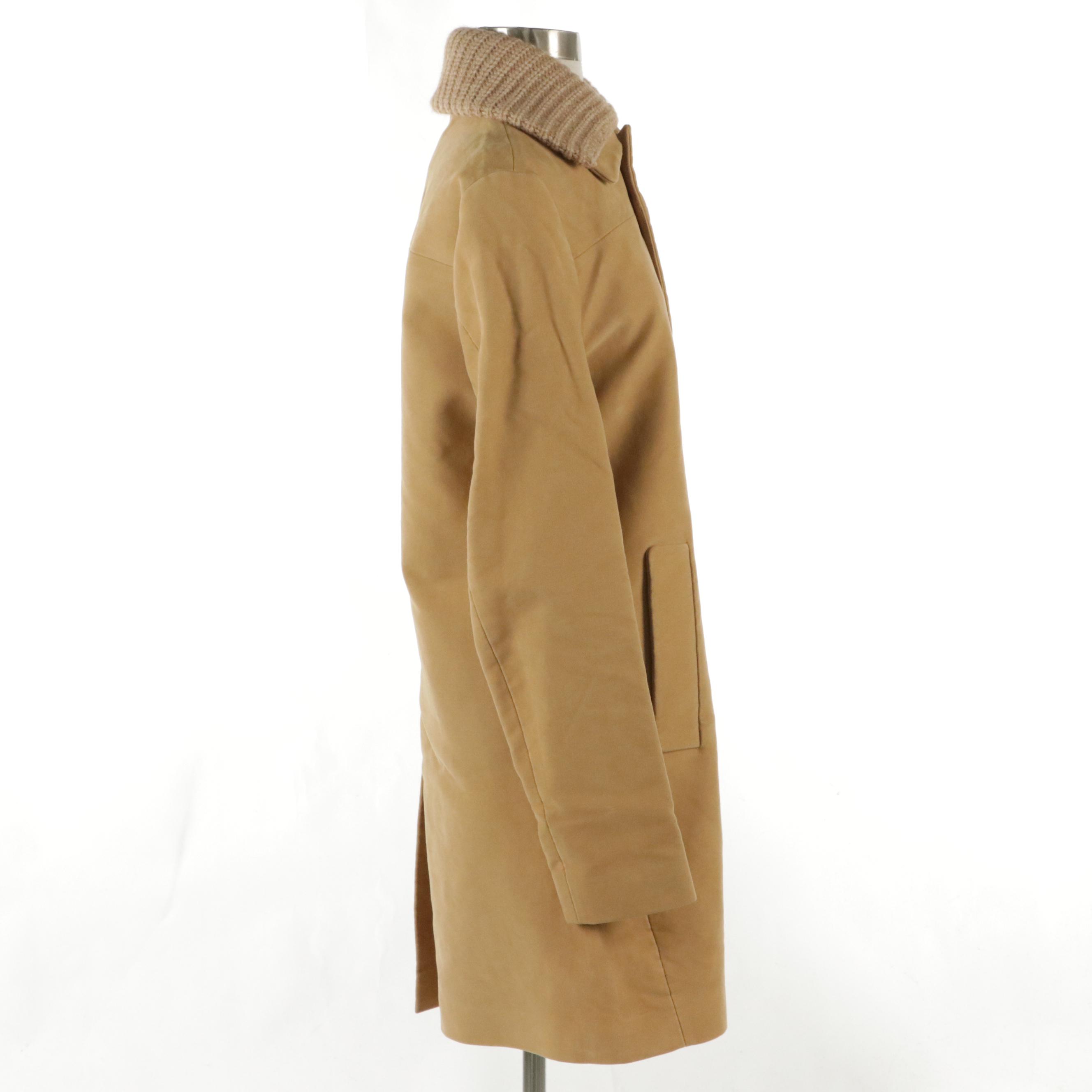 Prada Tan Cotton Button-Front Coat with Knit Wool Collar