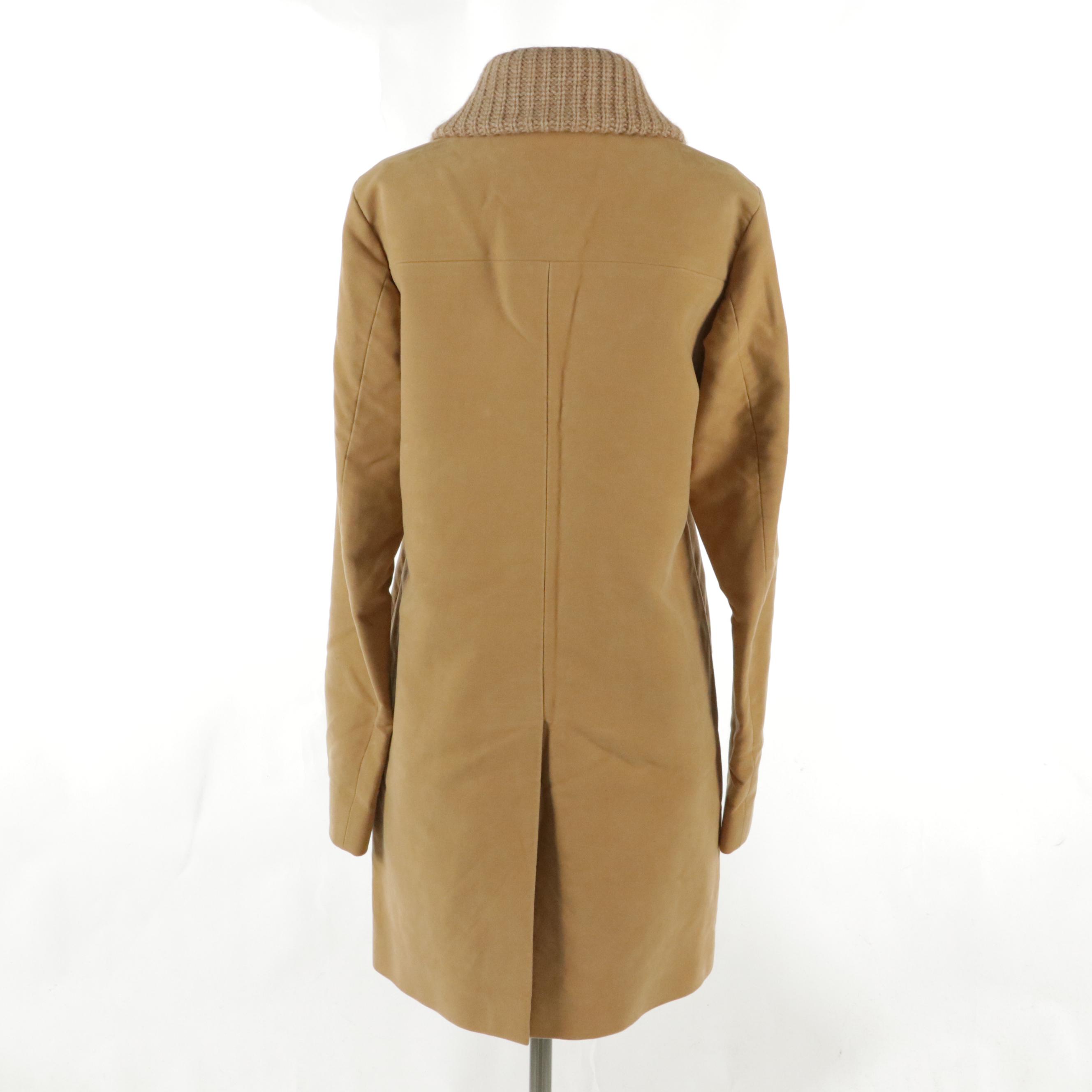 Prada Tan Cotton Button-Front Coat with Knit Wool Collar