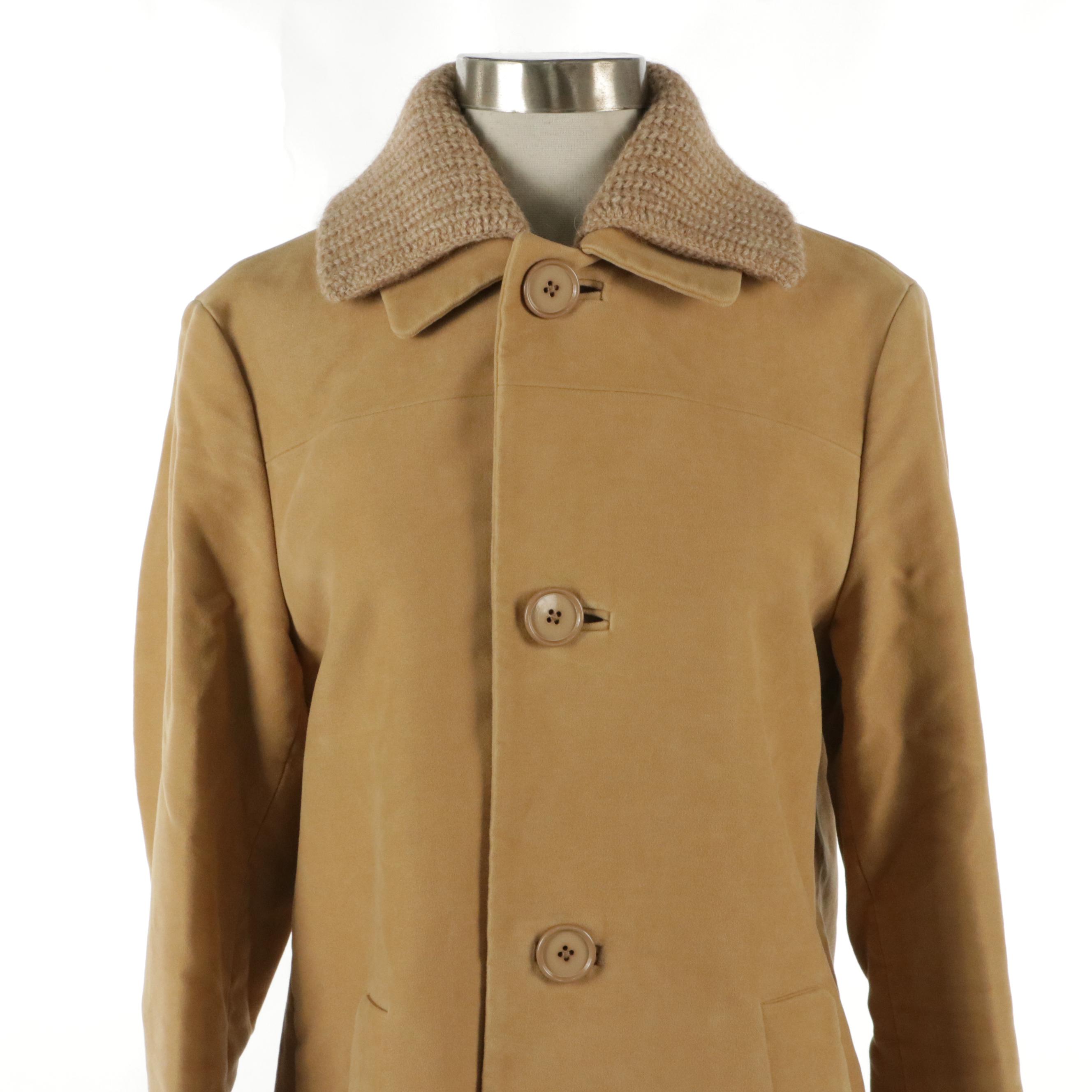Prada Tan Cotton Button-Front Coat with Knit Wool Collar