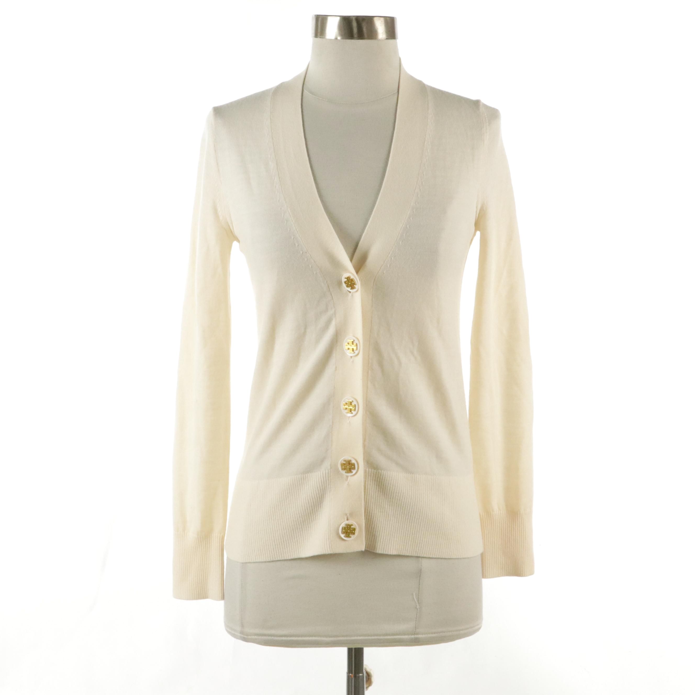 Tory Burch Simone V-Neck Cardigan Sweater in Ivory Merino Wool Blend