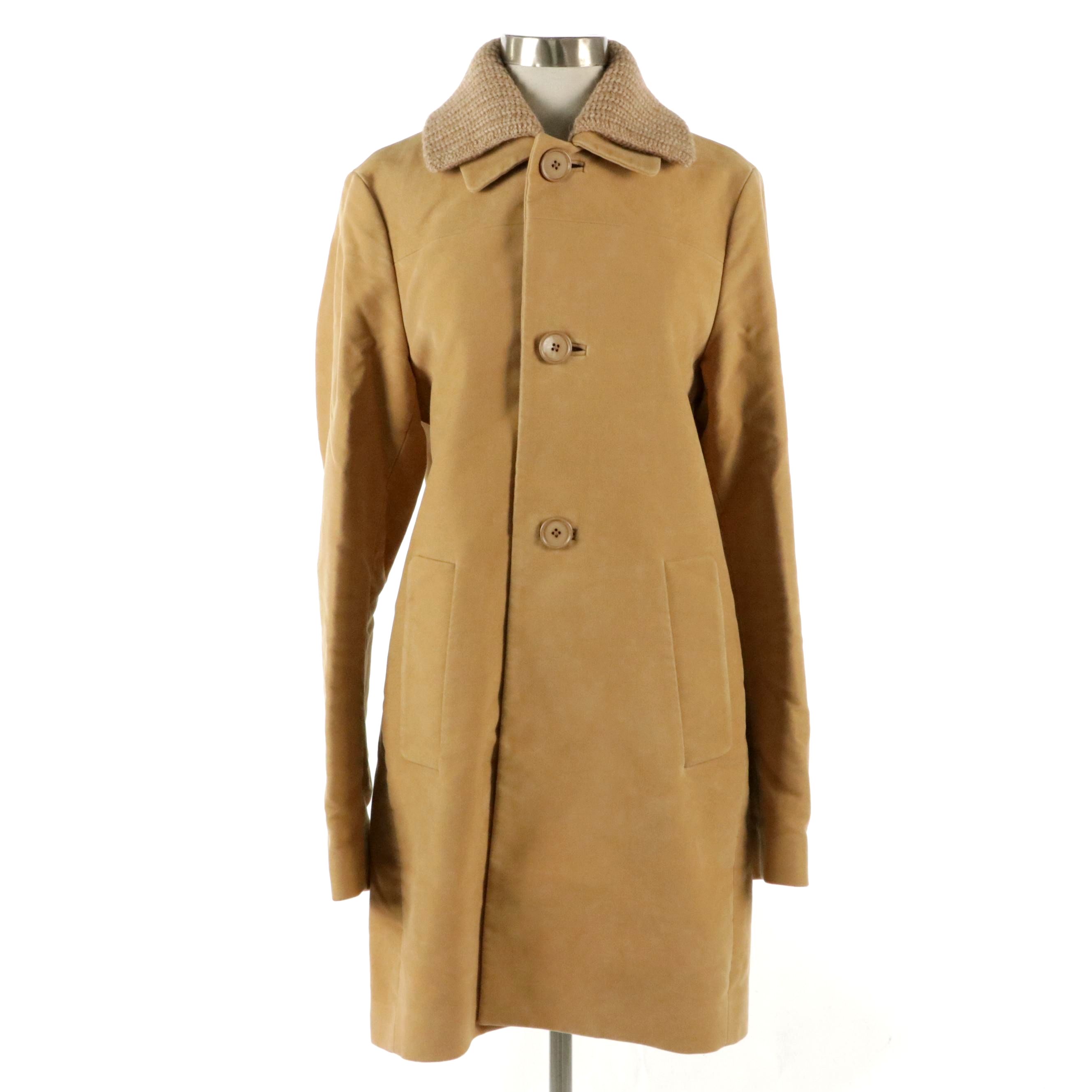 Prada Tan Cotton Button-Front Coat with Knit Wool Collar