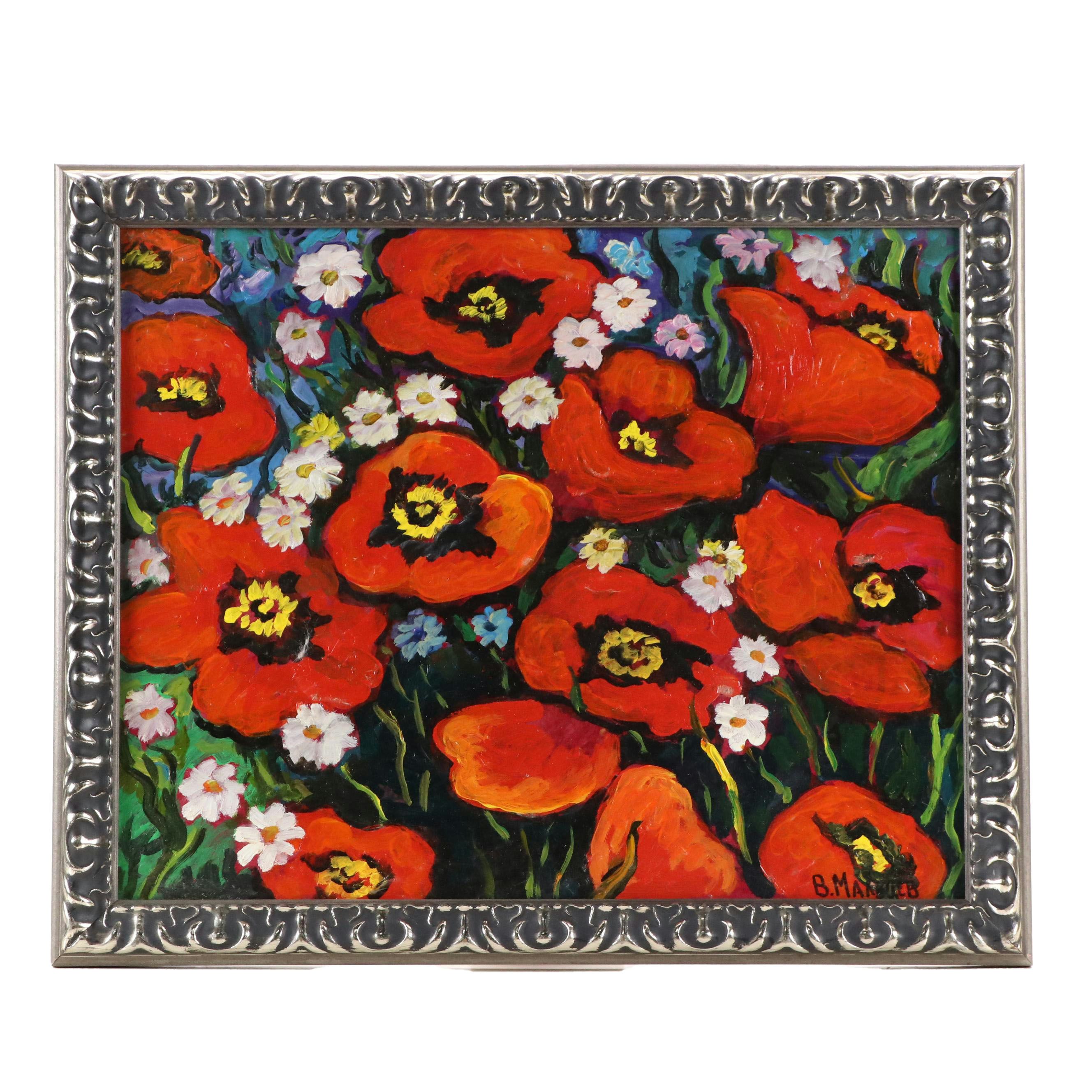 Vadim Maltsev Russian Folk Art Oil Painting "Poppies," Late 20th Century
