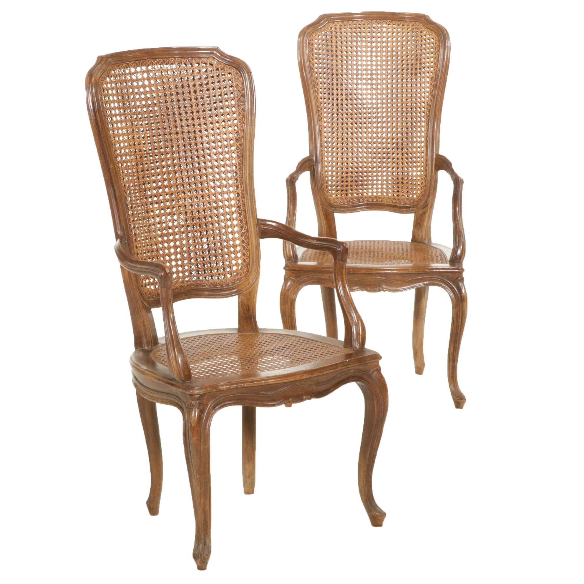 Pair of Italian Walnut Fauteuils with Cane Seats and Backs, Mid-20th Century