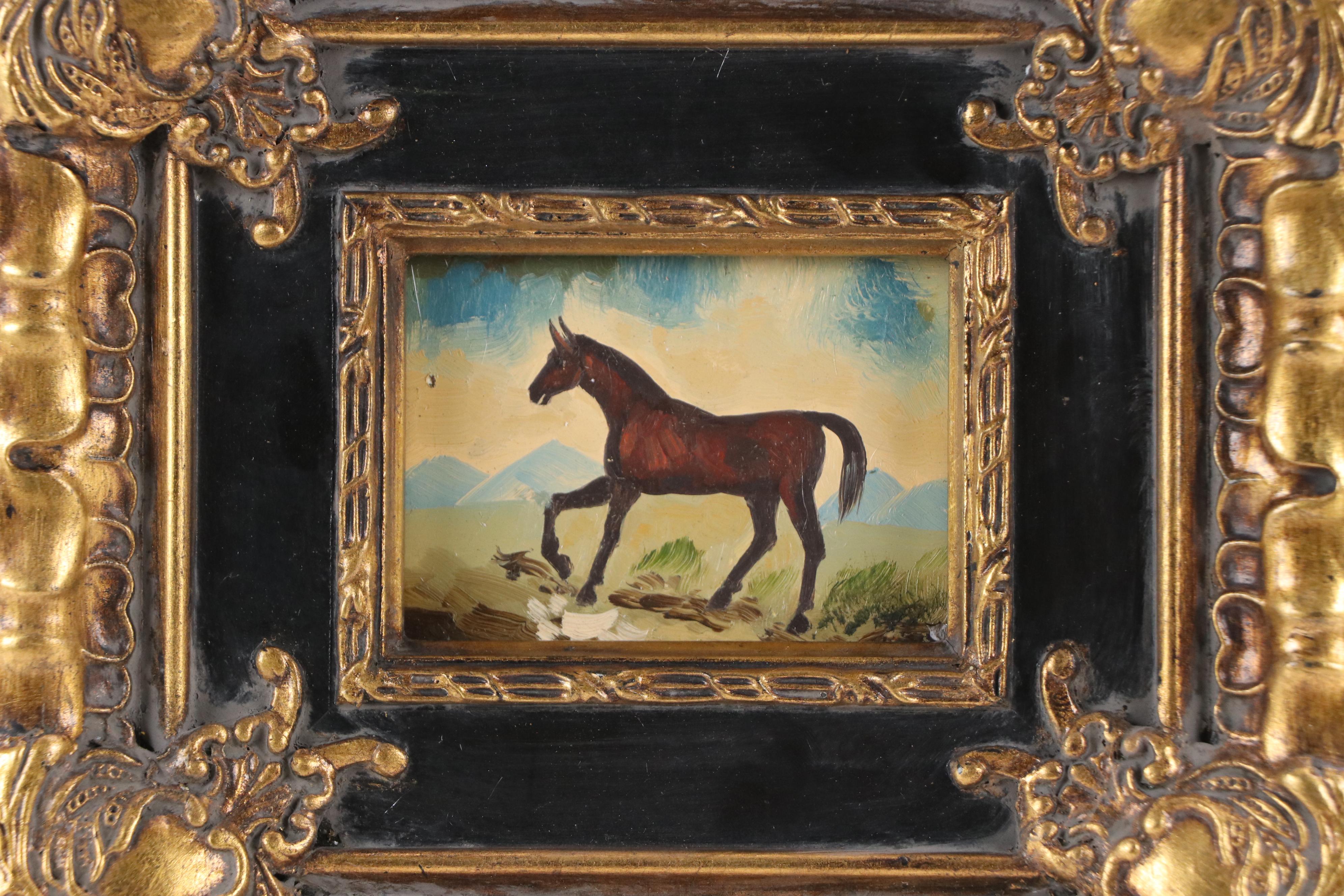 American School Folk Art Style Oil Painting of Bay Horse, 20th Century