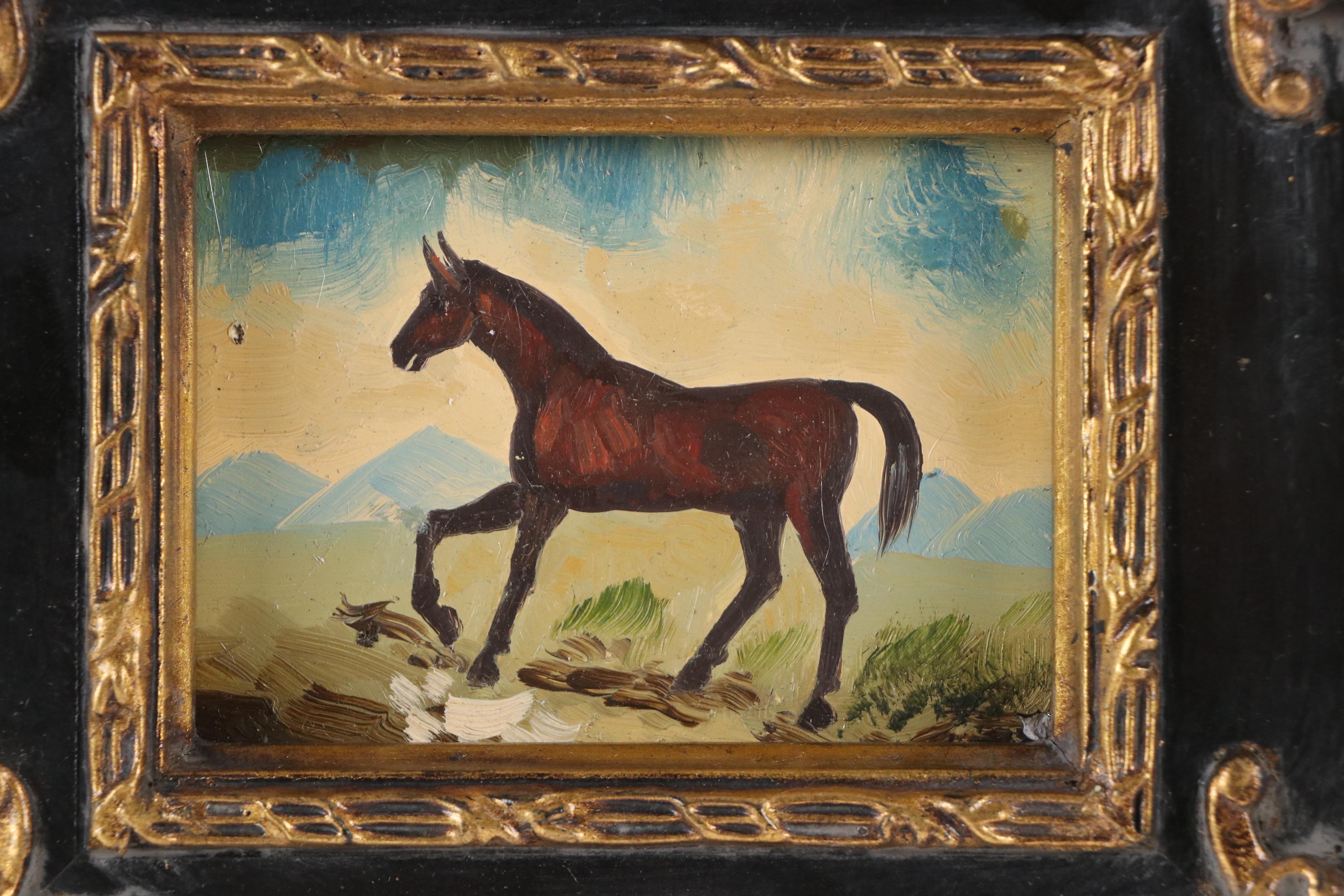 American School Folk Art Style Oil Painting of Bay Horse, 20th Century