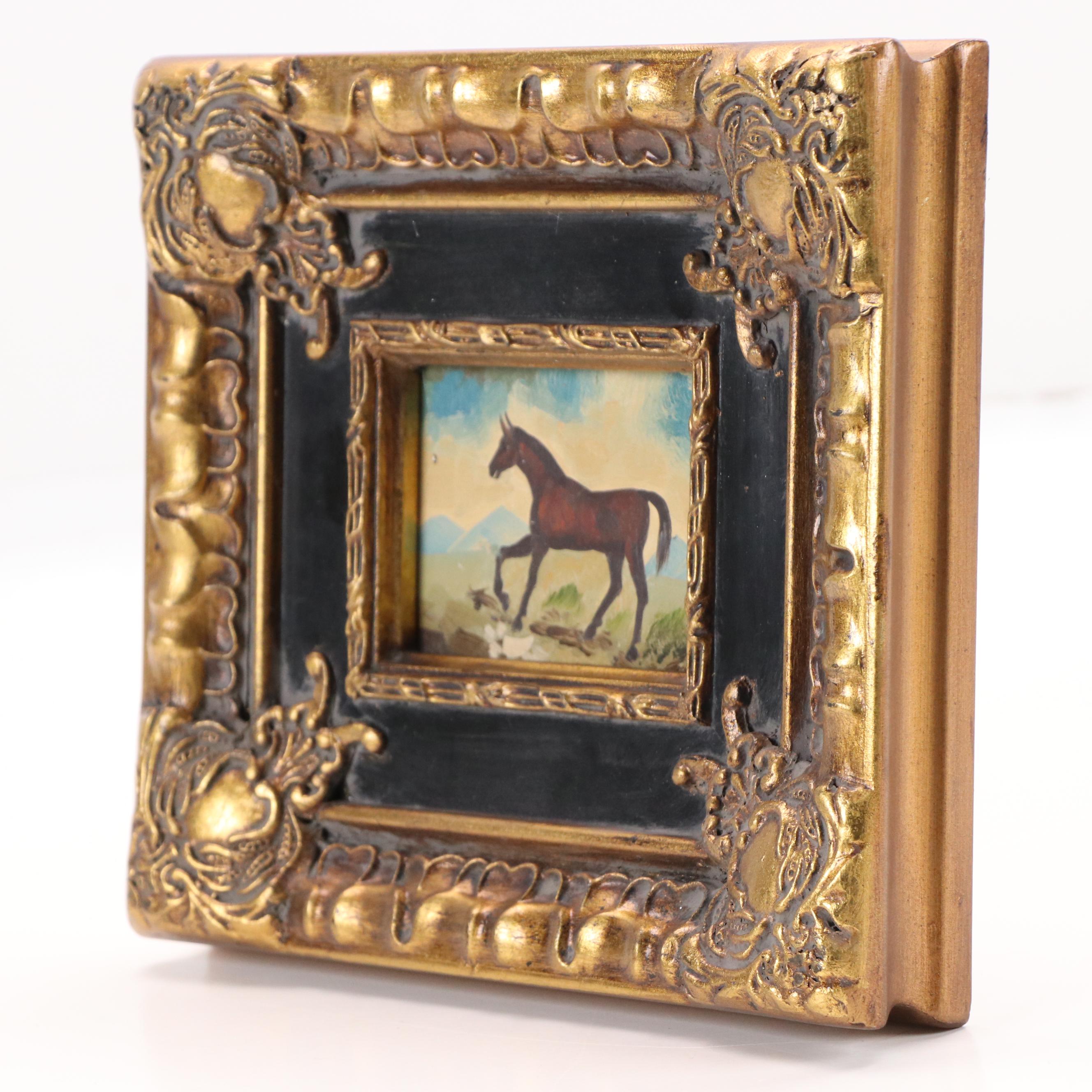 American School Folk Art Style Oil Painting of Bay Horse, 20th Century