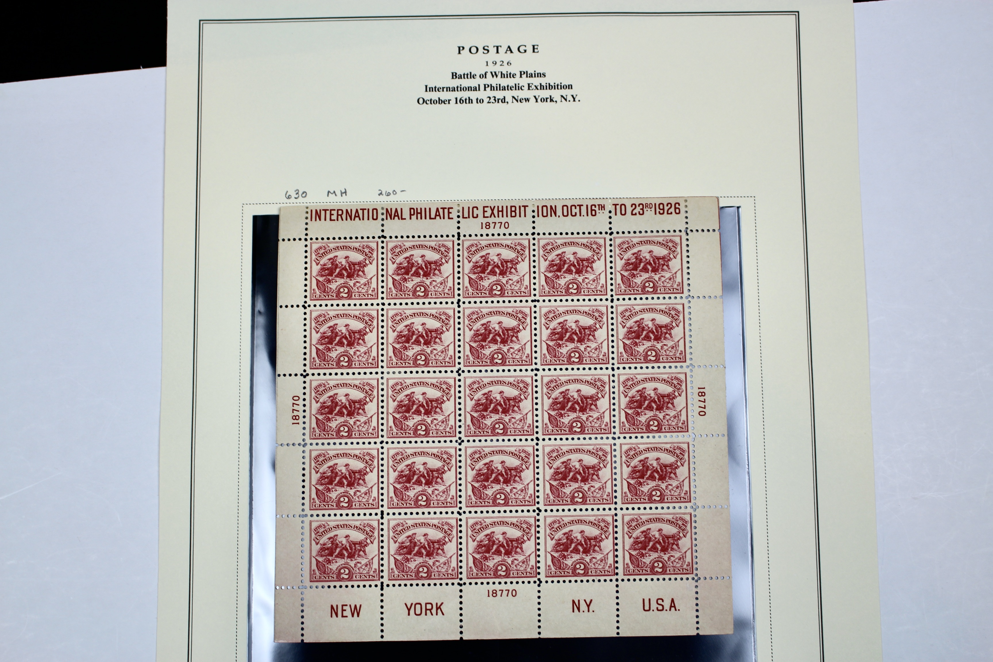 1926 Scott 630, White Plains Souvenir Postage Stamp Sheet, MH
